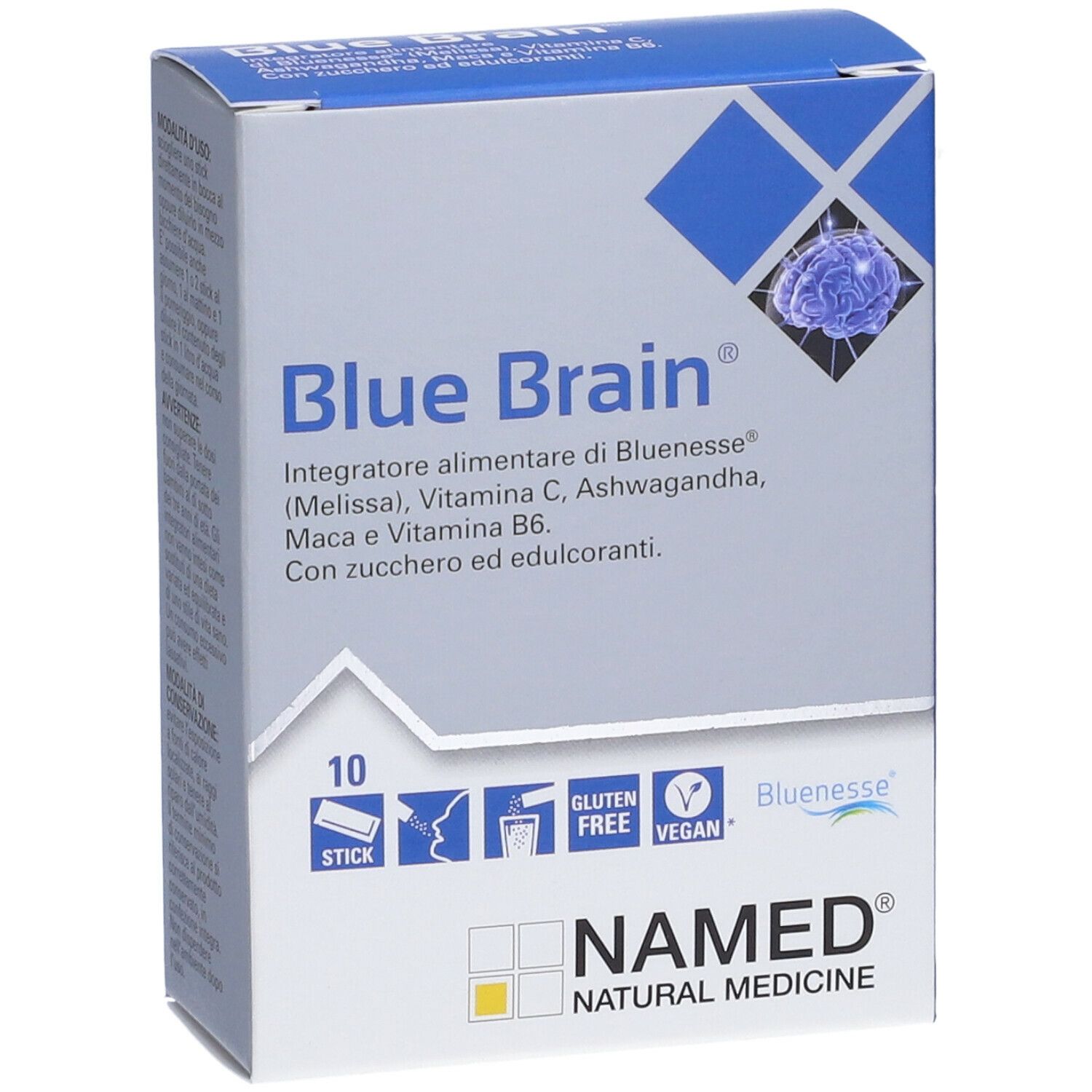 Scatola blu e bianca NAMED® Blue Brain® Stick Orali. Testo: Blue Brain®, NAMED®, senza glutine, vegano. 10 stick.