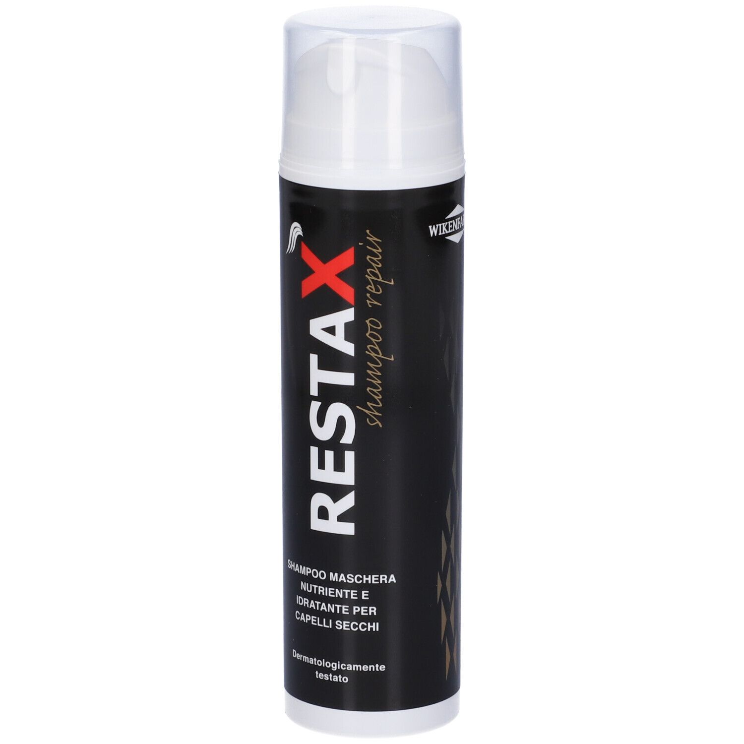 Flacone nero con erogatore bianco. Scritta: RESTAX shampoo repair. Testo sottostante.