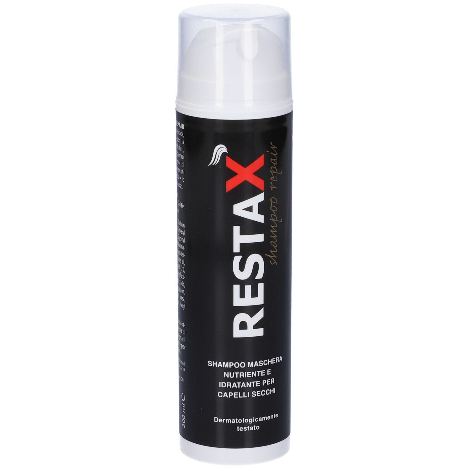 Flacone nero con erogatore bianco. Scritta: RESTAX shampoo repair. Testo sottostante.