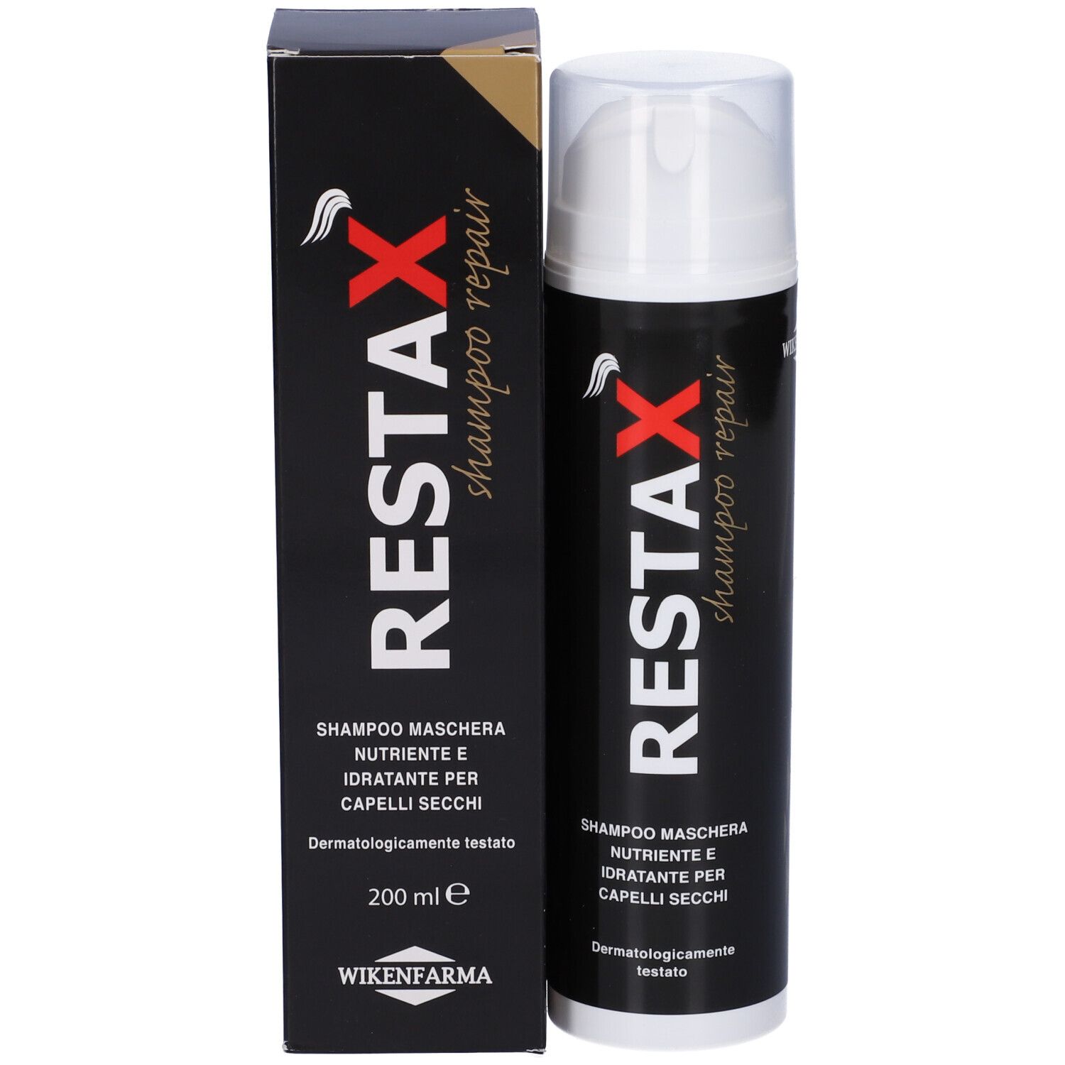 Prodotto con confezione. Scatola e flacone neri. Scritta: RESTAX shampoo repair.