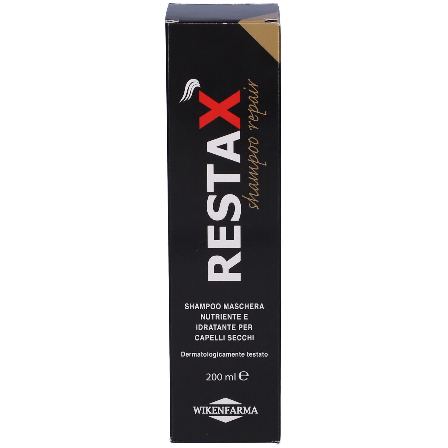 Scatola nera. Scritta: RESTAX shampoo repair. Testo e logo. 200 ml.