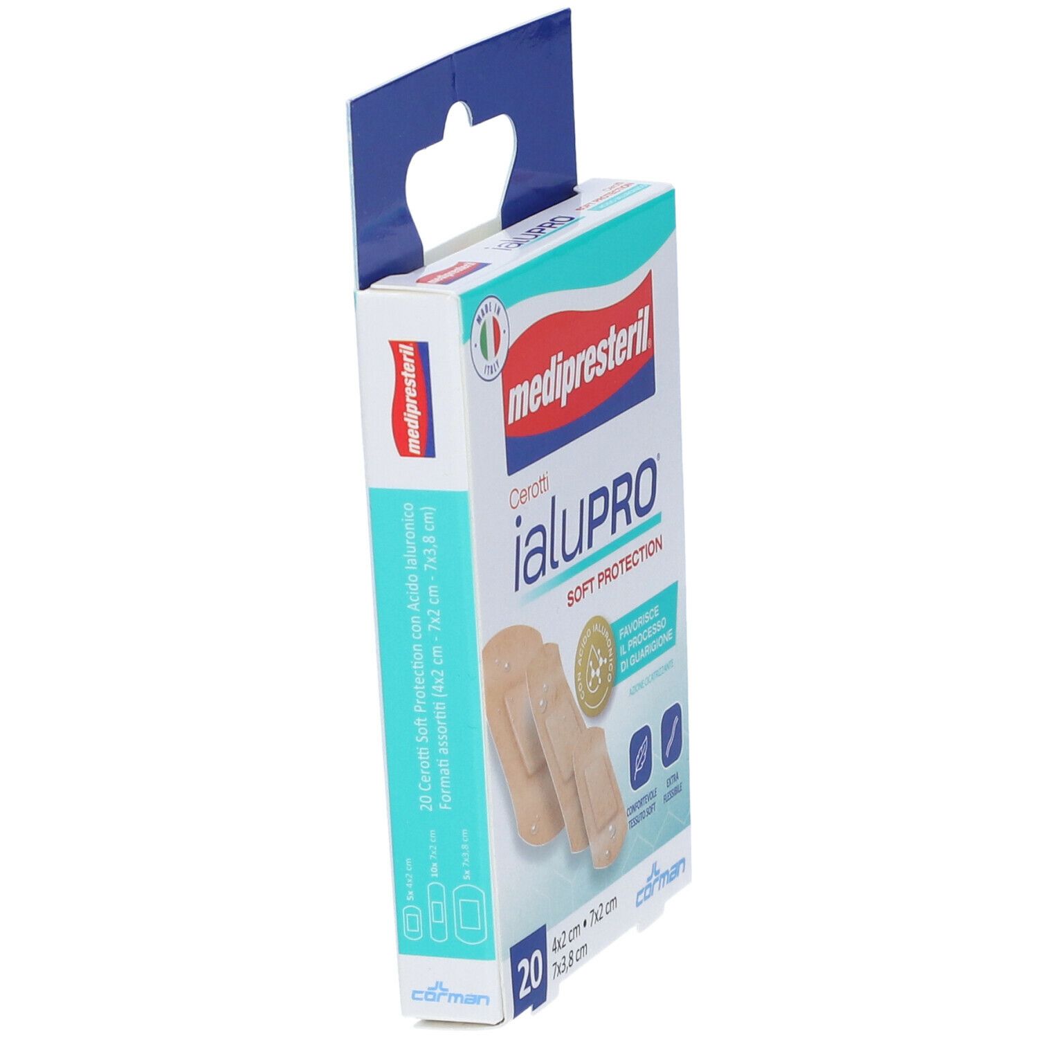 Vista laterale della confezione di cerotti Medipresteril Ialupro Soft Protection. 20 cerotti, 3 formati.