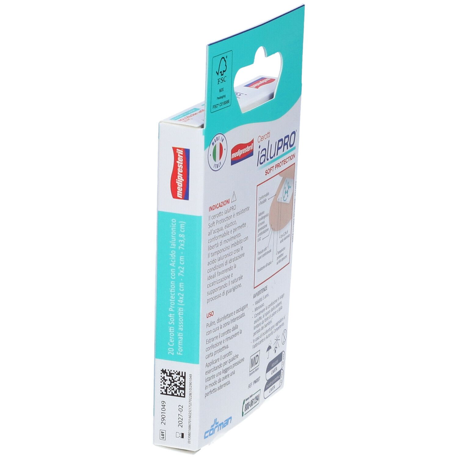 Vista laterale della confezione di cerotti Medipresteril Ialupro Soft Protection. Informazioni, QR code e data di scadenza.