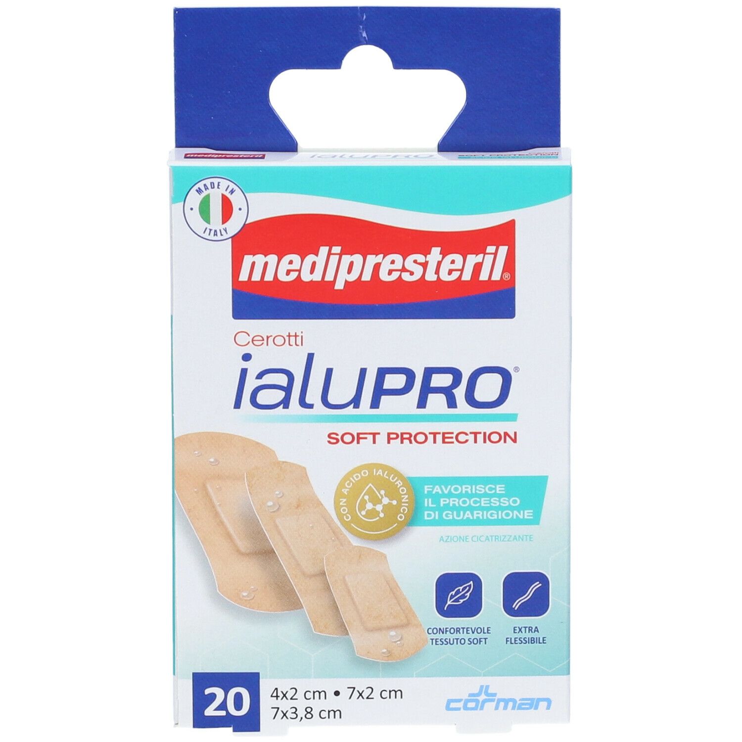 Confezione di cerotti Medipresteril Ialupro Soft Protection. 20 cerotti, 3 formati assortiti. Dimensioni visibili.