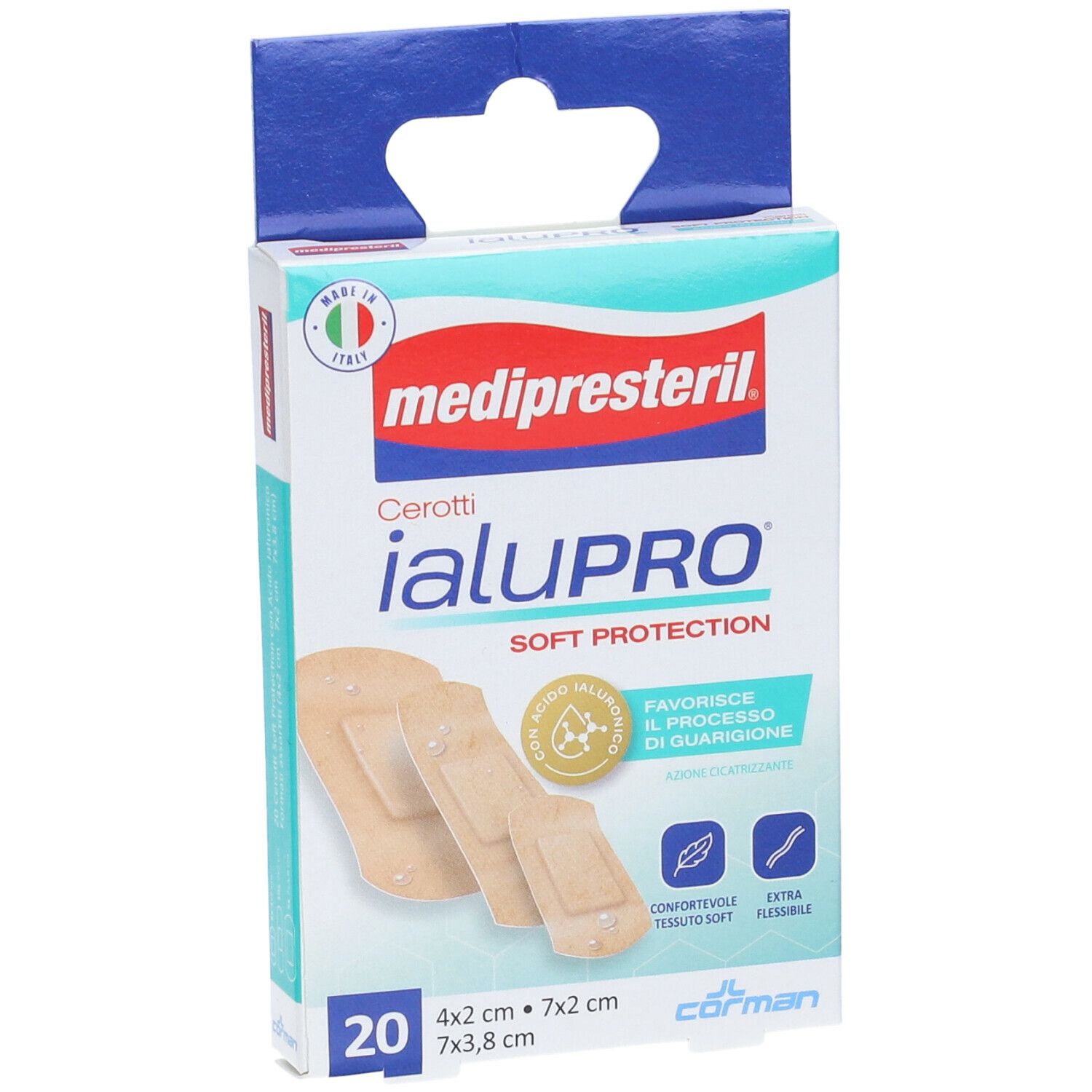 Confezione di cerotti Medipresteril Ialupro Soft Protection. 20 cerotti, 3 formati assortiti. Dimensioni visibili.