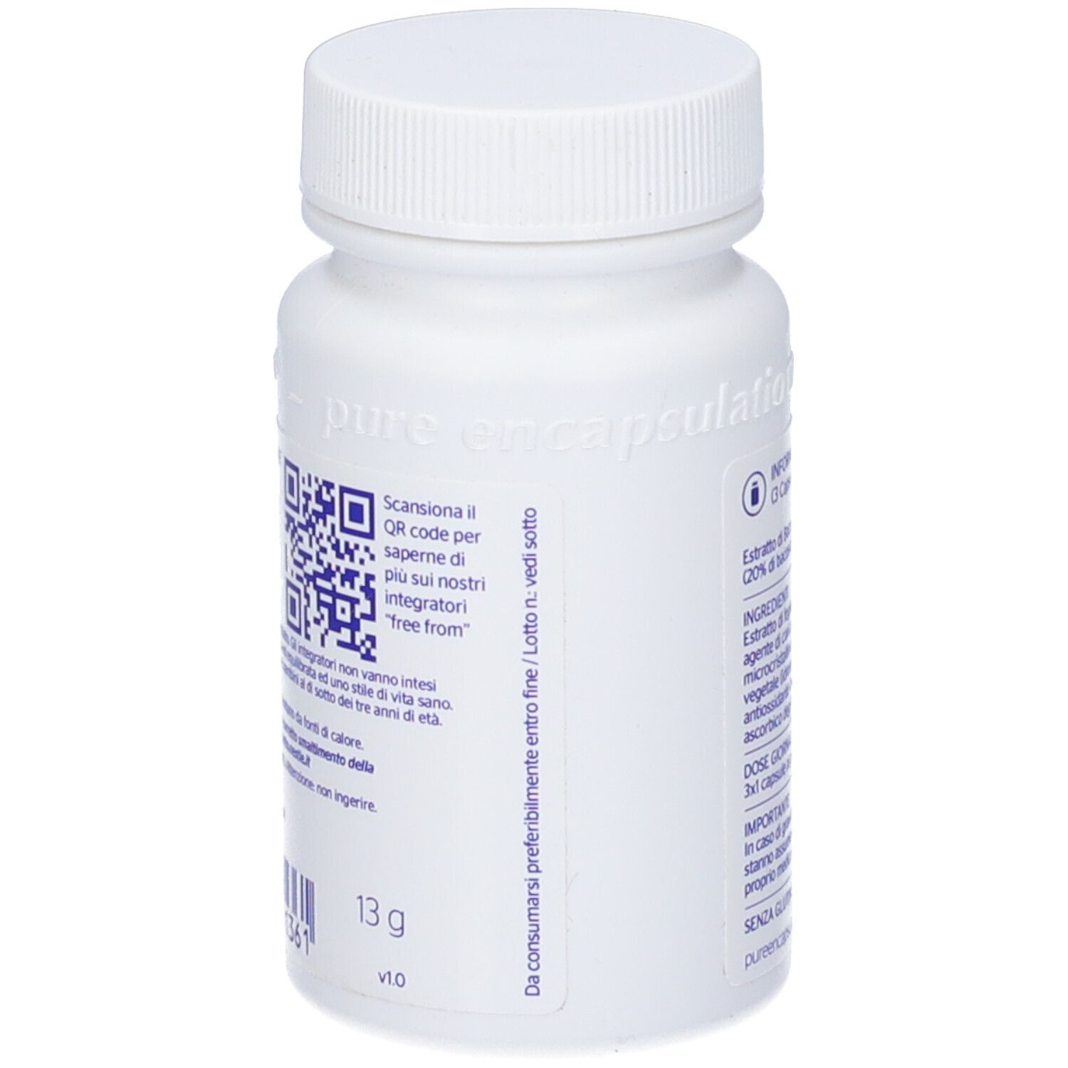 Retro di un flacone bianco di capsule con codice QR e indicazione del peso (13g).