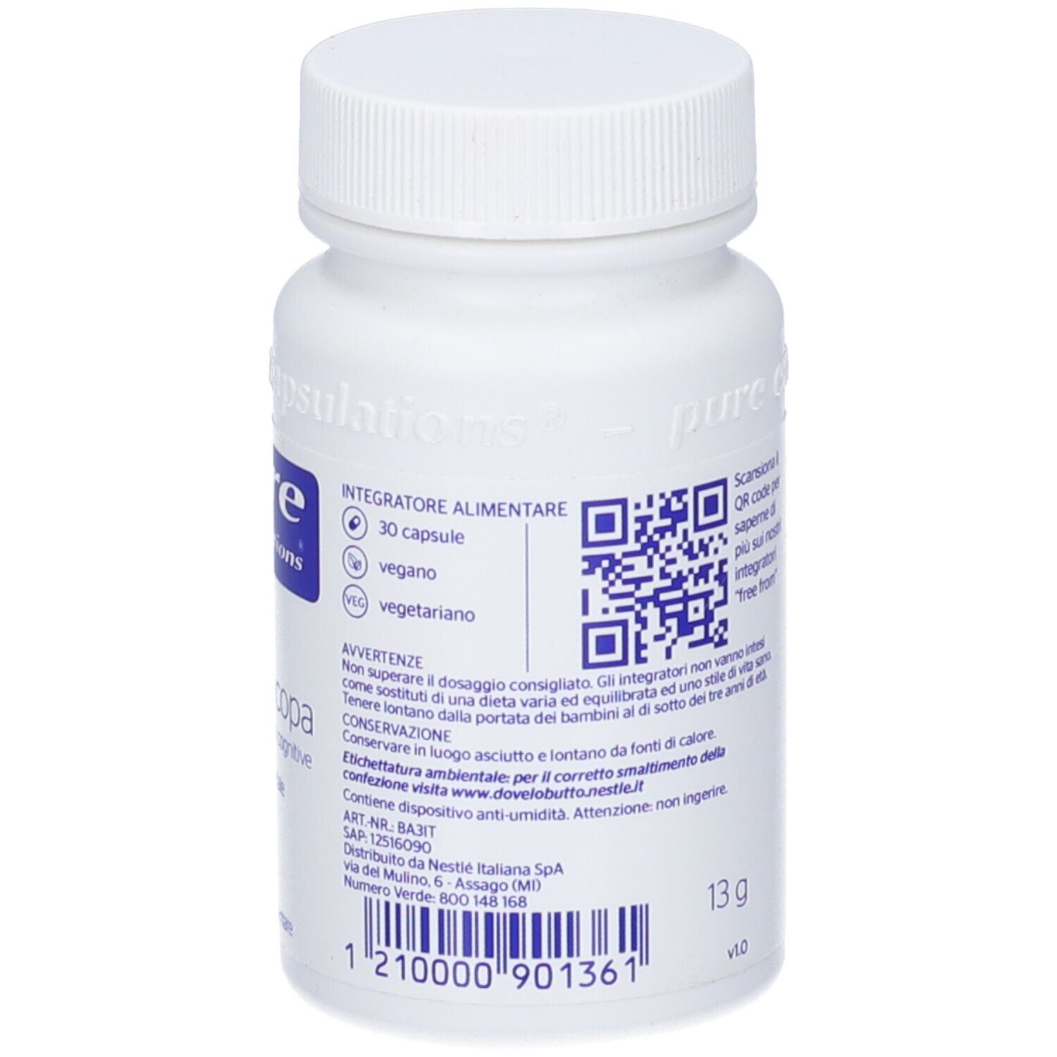 Retro di un flacone bianco di capsule con codice QR e sigilli vegani e vegetariani.