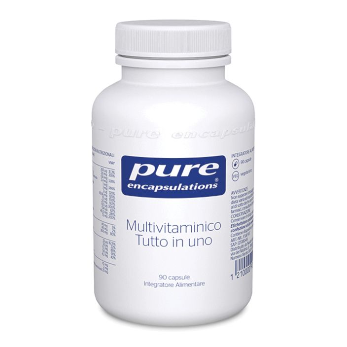 Flacone bianco con tappo. Etichetta con logo blu e testo: Multivitaminico Tutto in uno. 90 capsule.