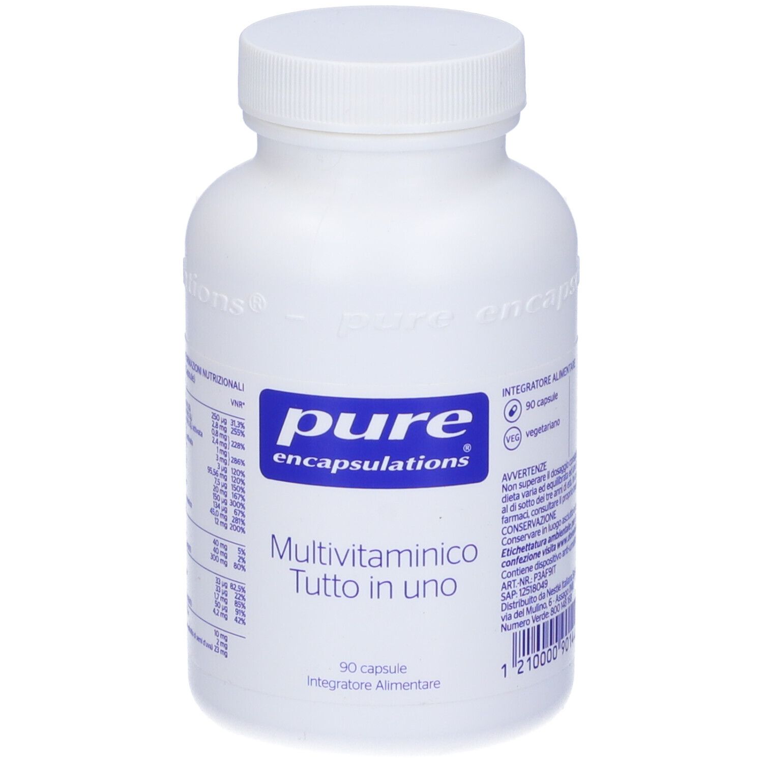 Flacone bianco con tappo. Etichetta con logo blu e testo: Multivitaminico Tutto in uno. 90 capsule.