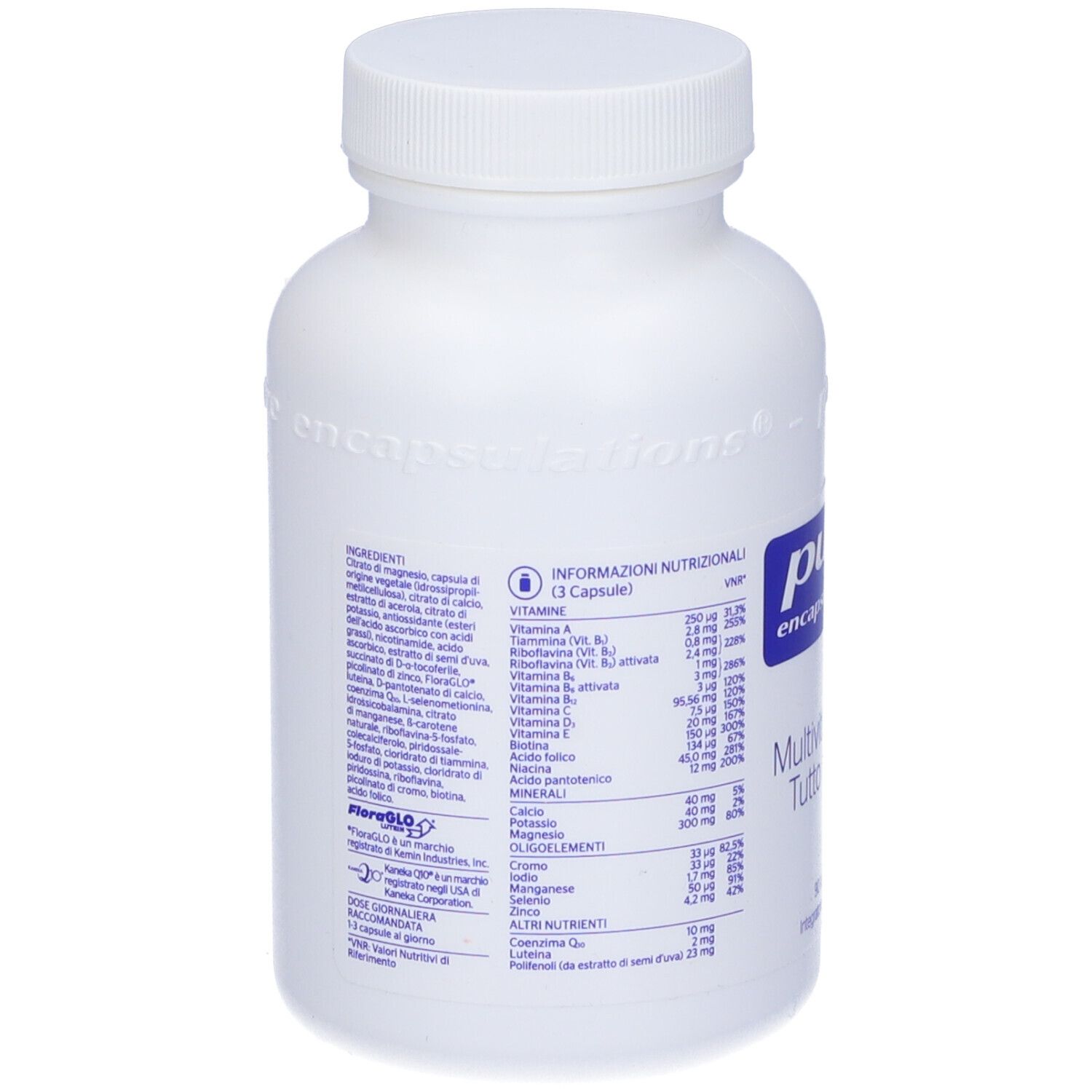 Flacone bianco con tappo. Retro con testo e informazioni nutrizionali. Contiene ingredienti e codice QR.