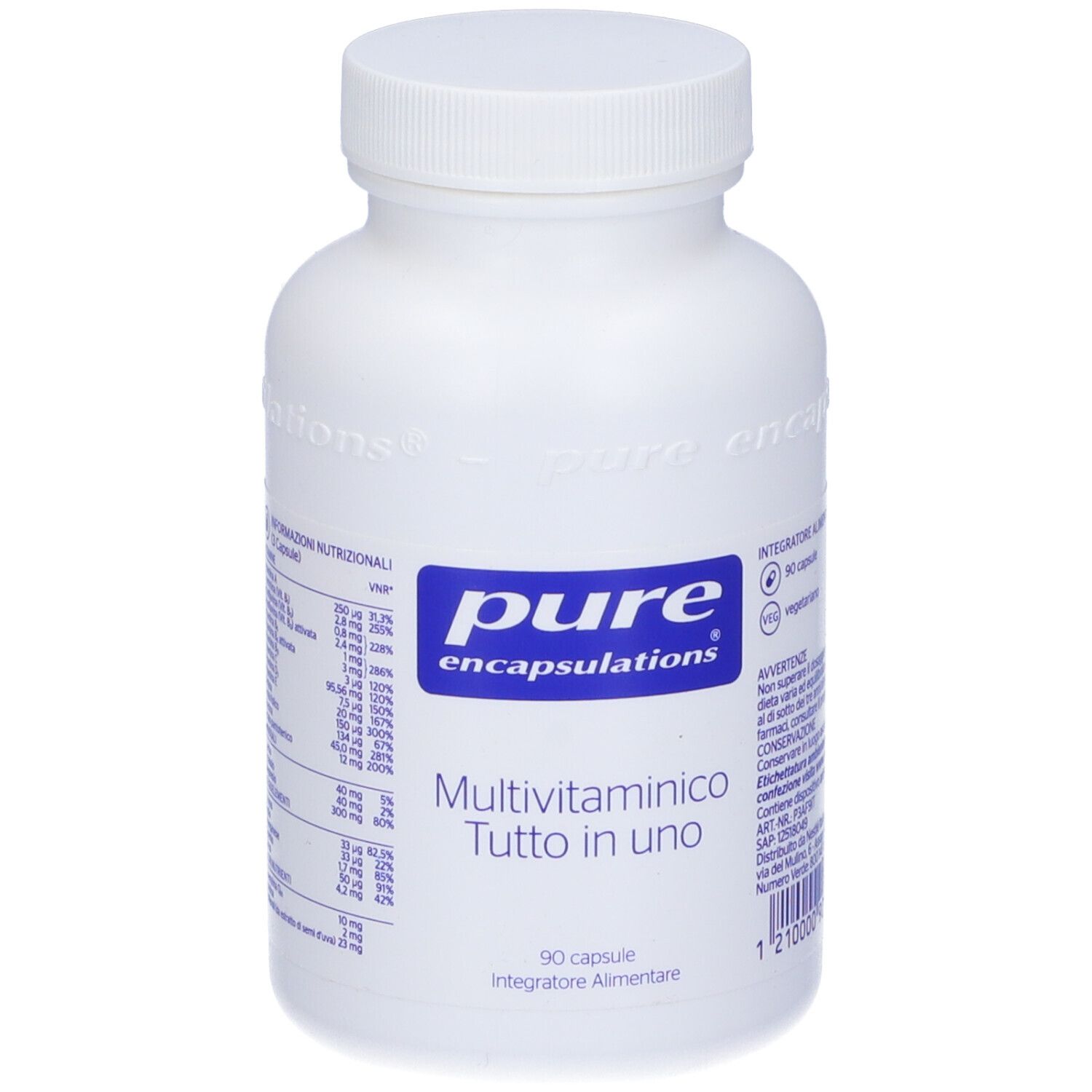 Flacone bianco con tappo. Etichetta con logo blu e testo: Multivitaminico Tutto in uno. 90 capsule.