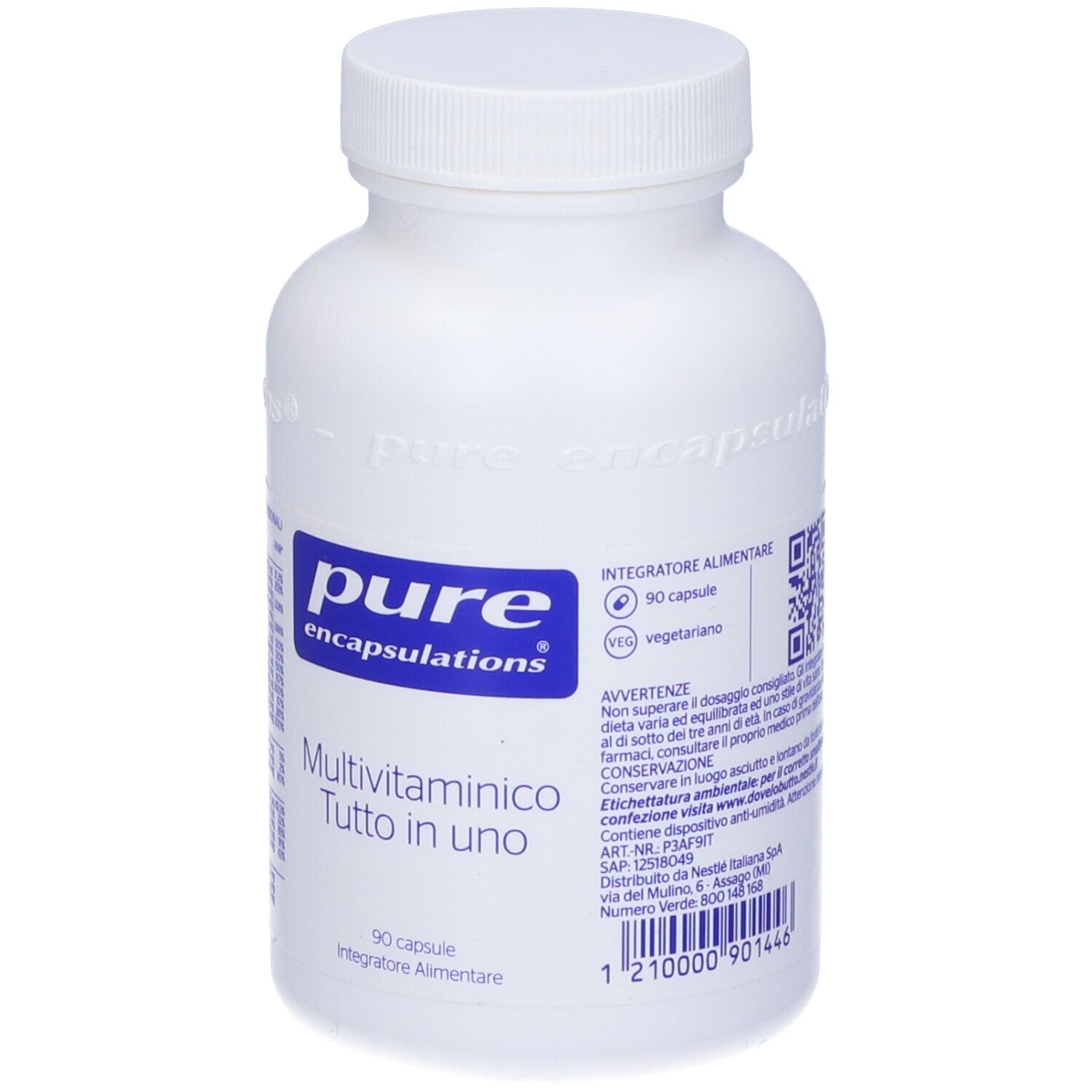 Flacone bianco con tappo. Etichetta con logo blu e testo: Multivitaminico Tutto in uno. 90 capsule.