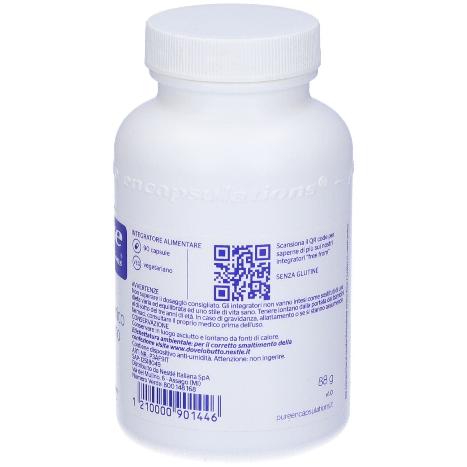 Flacone bianco con tappo. Retro con testo, codice QR e peso. Senza glutine.