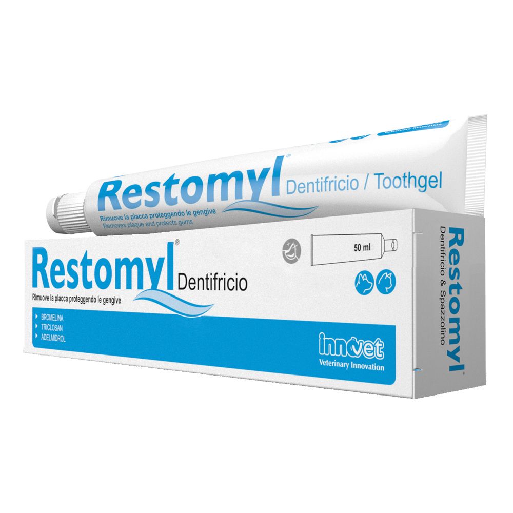 Gel dentifricio e confezione. Nome prodotto: Restomyl Dentifricio. Contiene 50 ml. Marchio: Innovet.