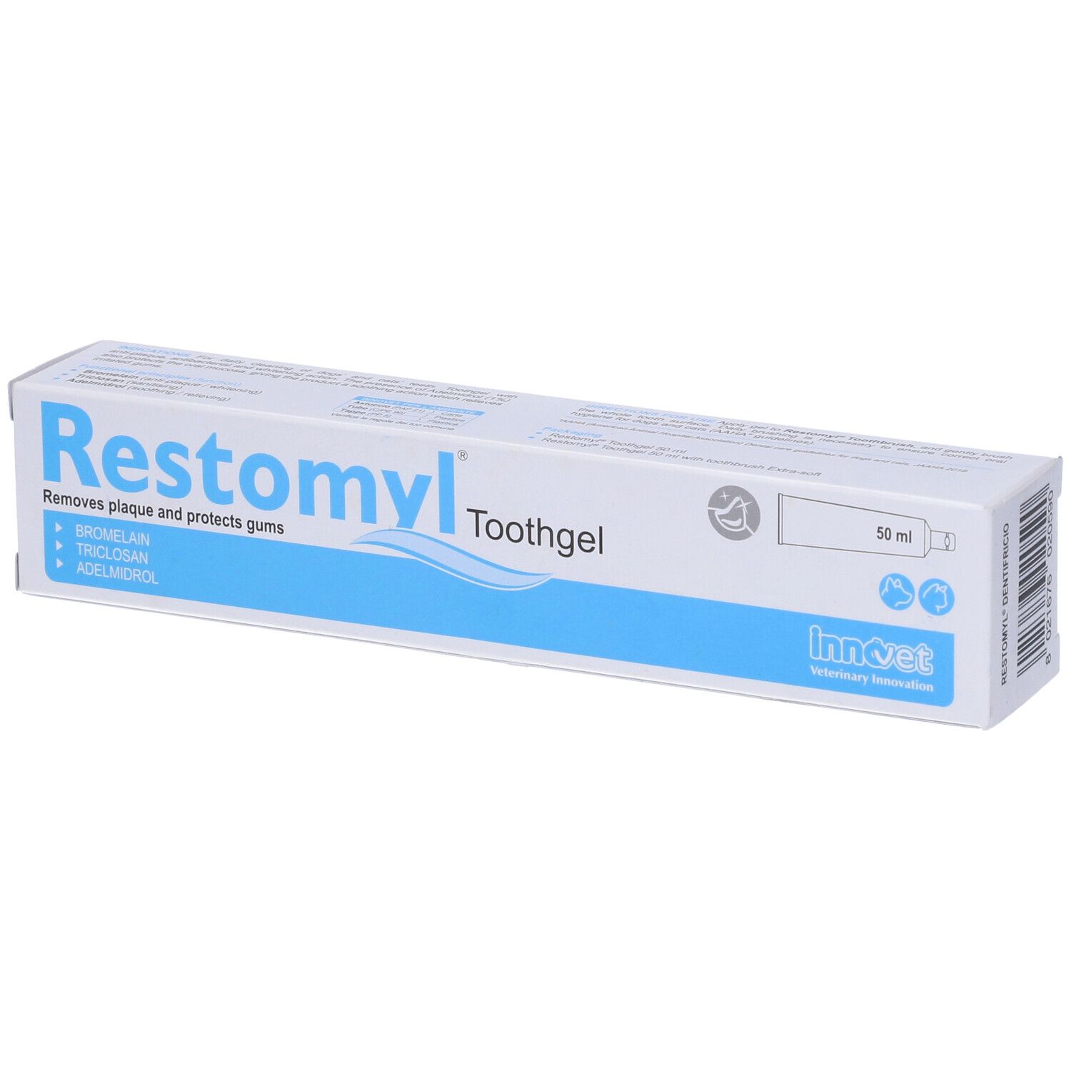 Confezione di Restomyl Toothgel. Contiene 50 ml. Marchio: Innovet. Rimuove la placca e protegge le gengive.