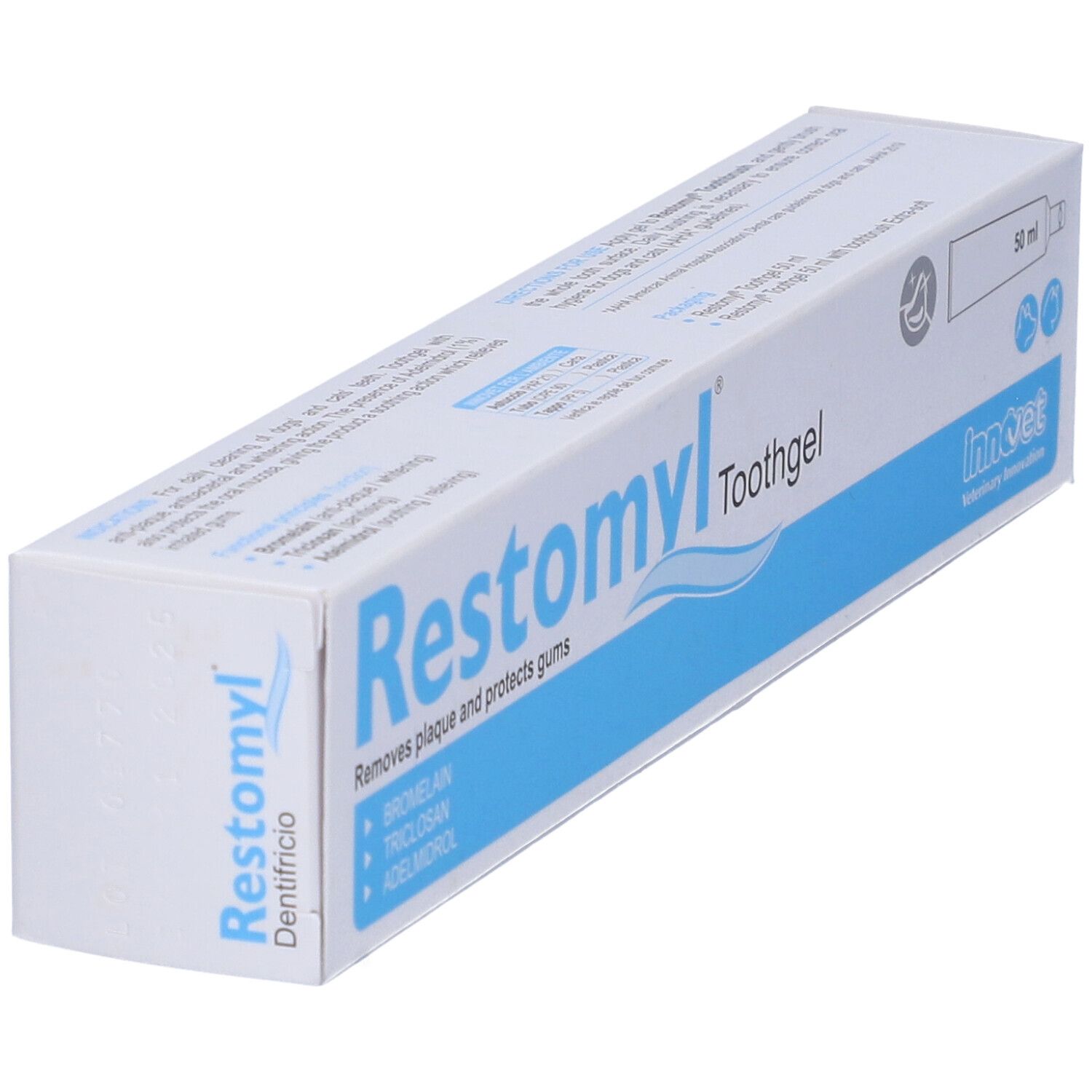 Confezione di Restomyl Toothgel. Contiene 50 ml. Marchio: Innovet. Rimuove la placca e protegge le gengive.