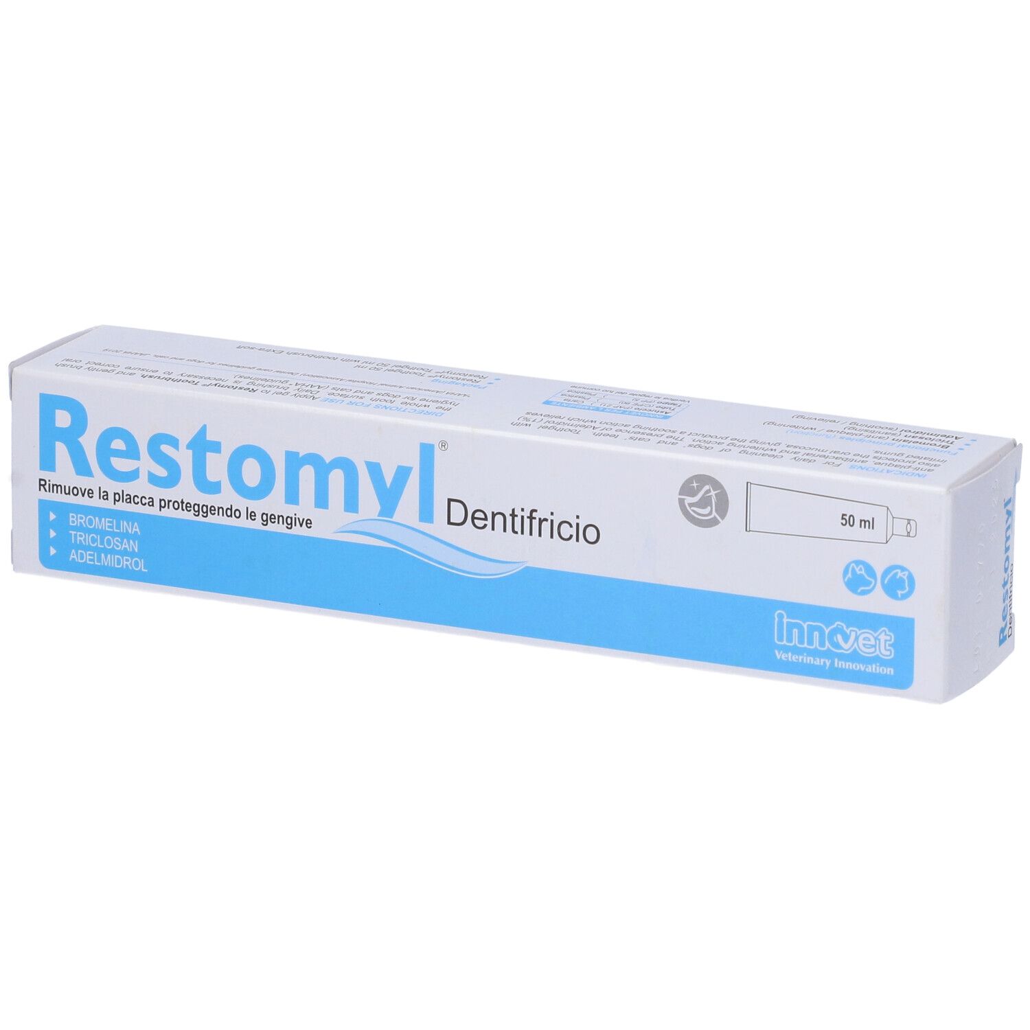 Confezione di Restomyl Dentifricio. Contiene 50 ml. Marchio: Innovet. Rimuove la placca e protegge le gengive.