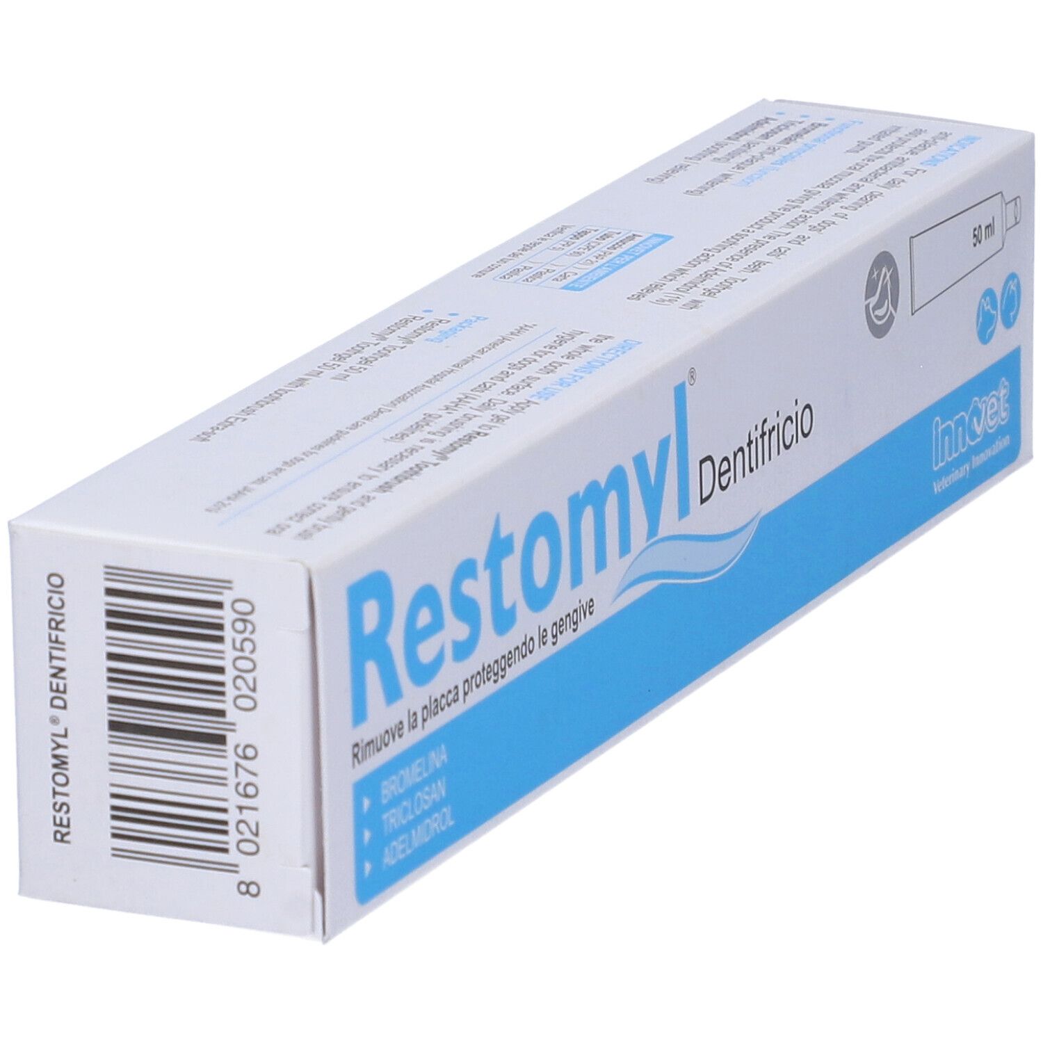Confezione di Restomyl Dentifricio. Contiene 50 ml. Marchio: Innovet. Rimuove la placca e protegge le gengive.