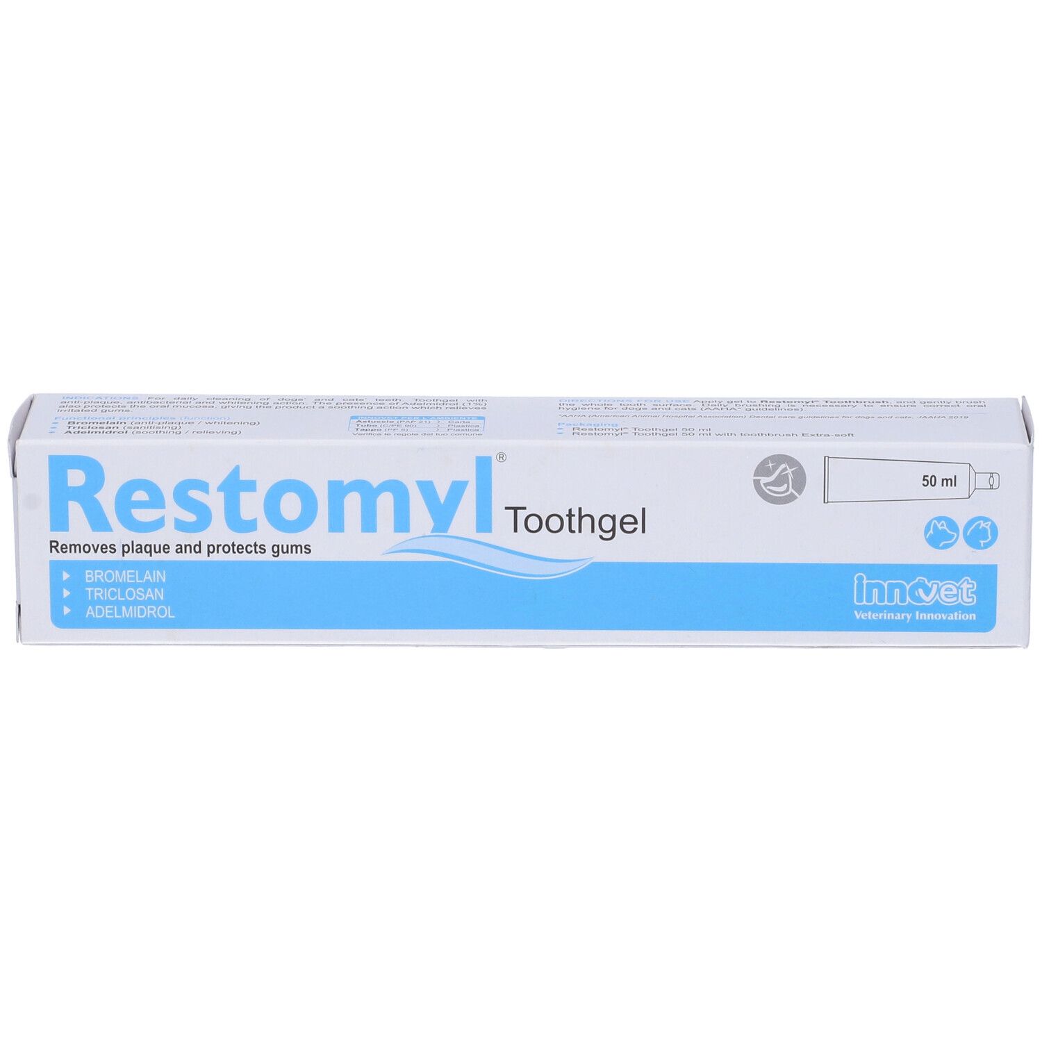 Confezione di Restomyl Toothgel. Contiene 50 ml. Marchio: Innovet. Rimuove la placca e protegge le gengive.