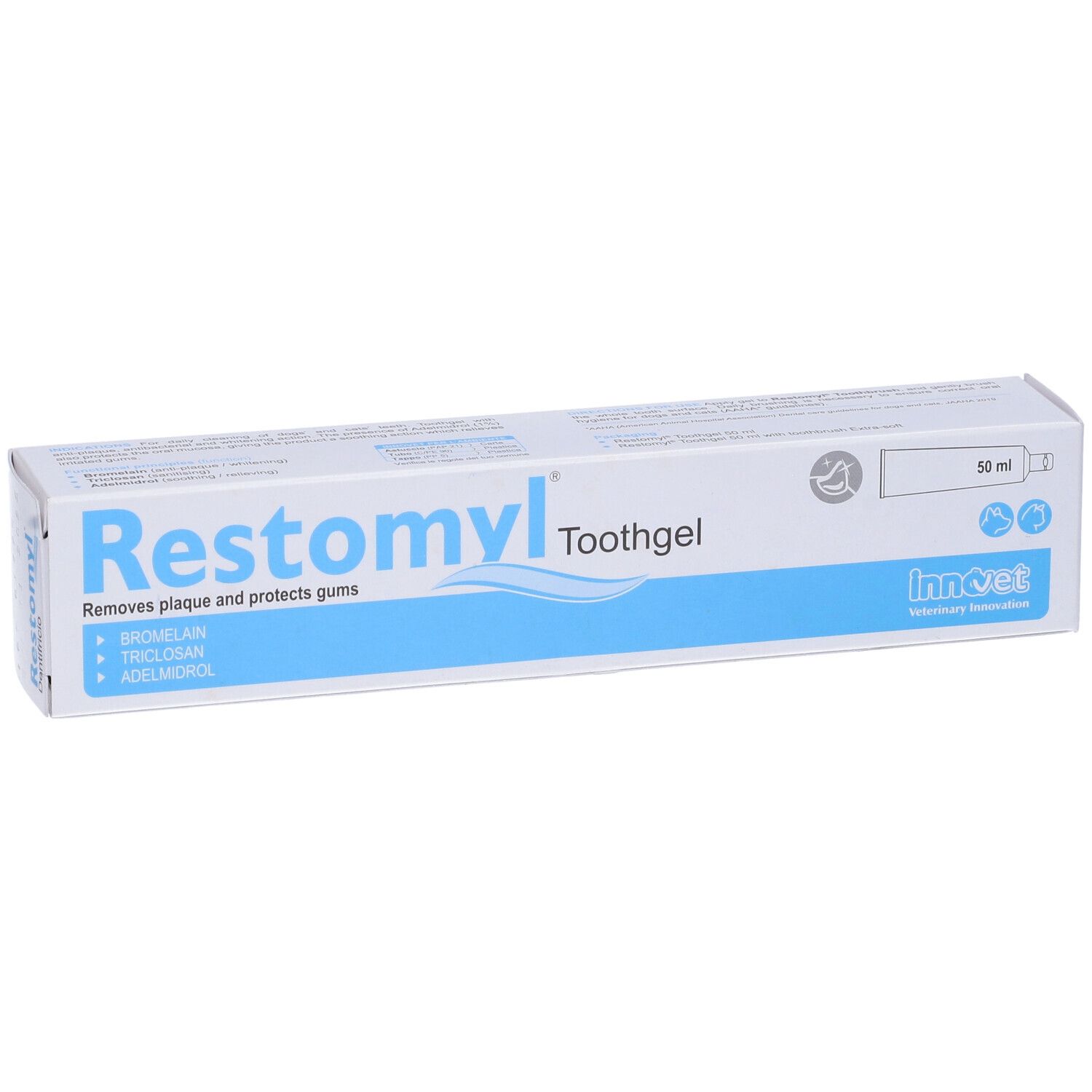 Confezione di Restomyl Toothgel. Contiene 50 ml. Marchio: Innovet. Rimuove la placca e protegge le gengive.