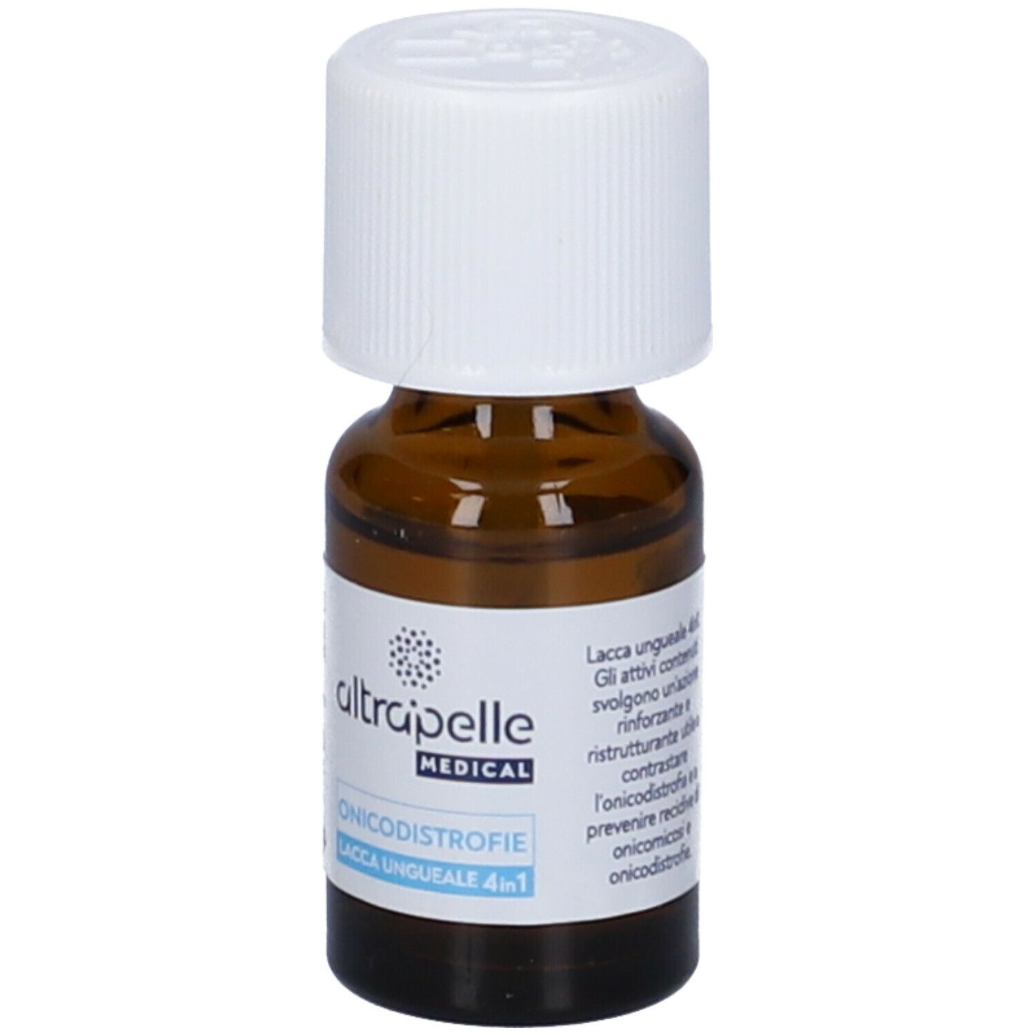 Braune Glasflasche mit weißem Schraubverschluss, 7 ml. Etikett mit Warnsymbolen und Produktinformationen.