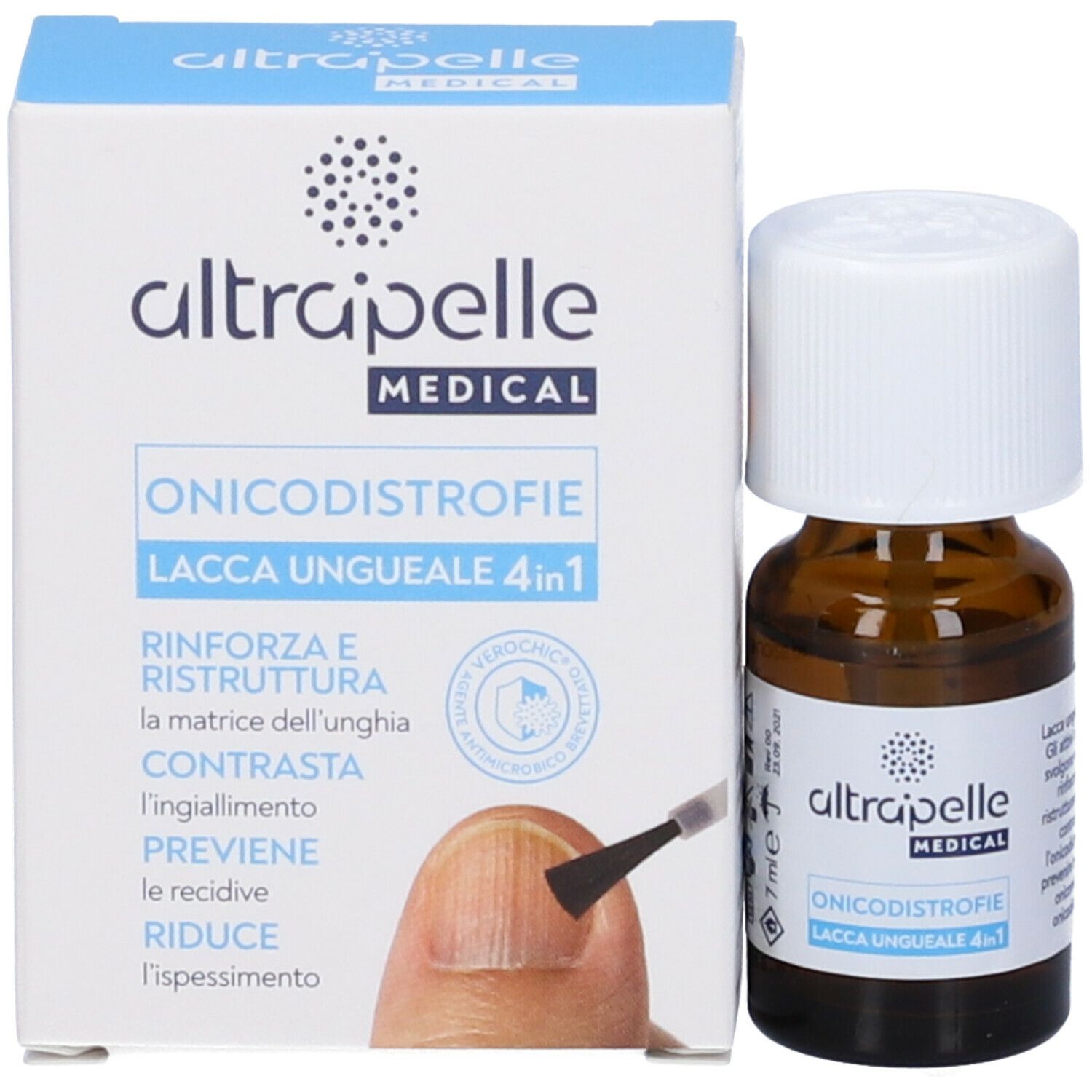 Braune Glasflasche mit weißem Schraubverschluss, 7 ml. Etikett mit Warnsymbolen und Produktinformationen.