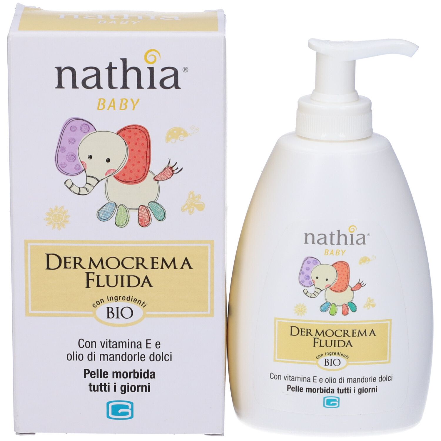 Produktverpackung: Schachtel und Flasche. Schachtel: Nathia Baby, Dermocrema Fluida, BIO. Flasche: identisch zu IT984323055-p10.