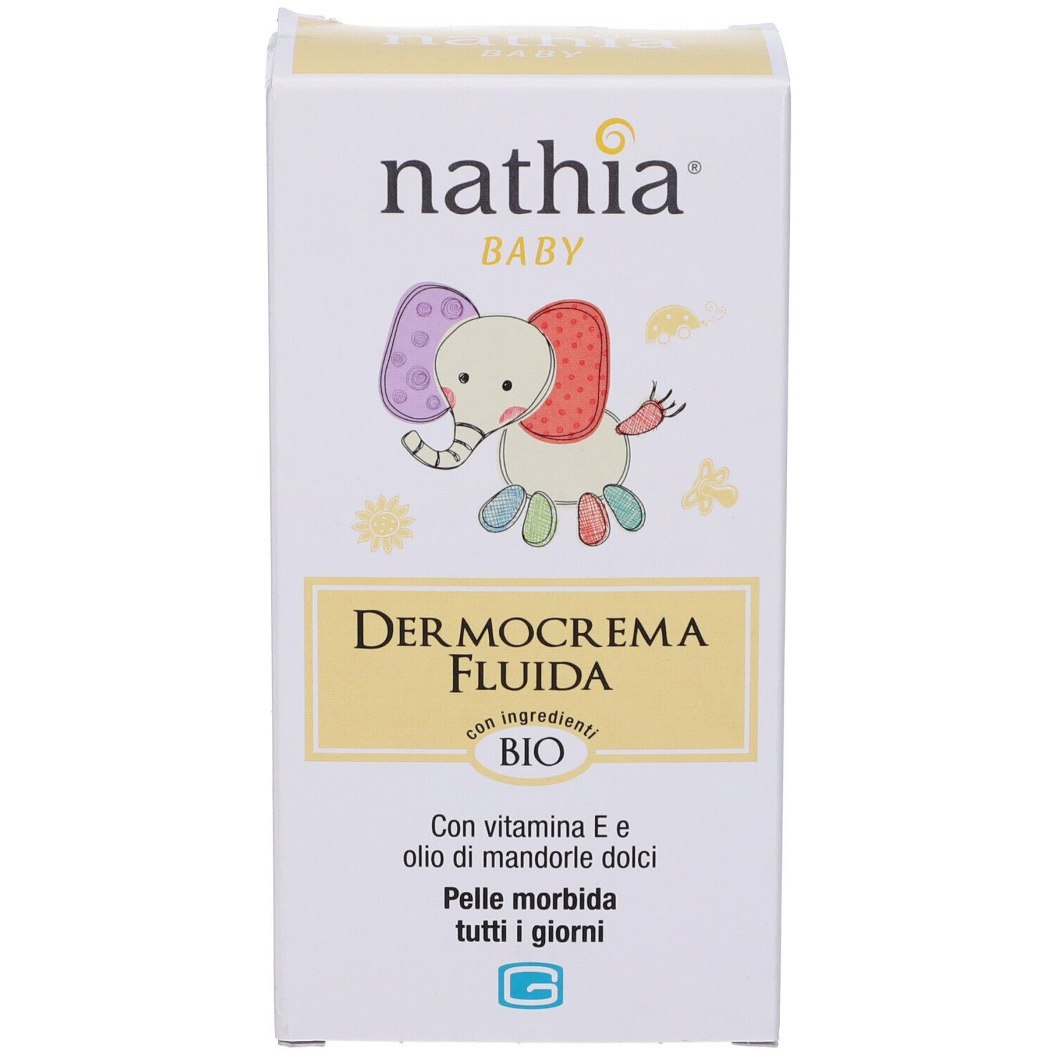 Produktverpackung: Schachtel. Aufschrift: Nathia Baby, Dermocrema Fluida, BIO. Illustration eines Elefanten. Enthält Vitamin E und Mandelöl.