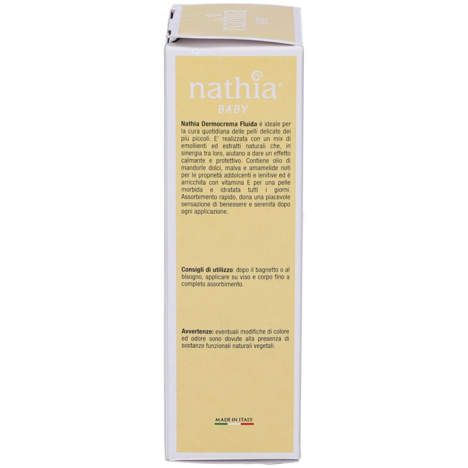 Seite der Produktverpackung. Text: Nathia Dermocrema Fluida, Anwendungshinweise. Hergestellt in Italien.