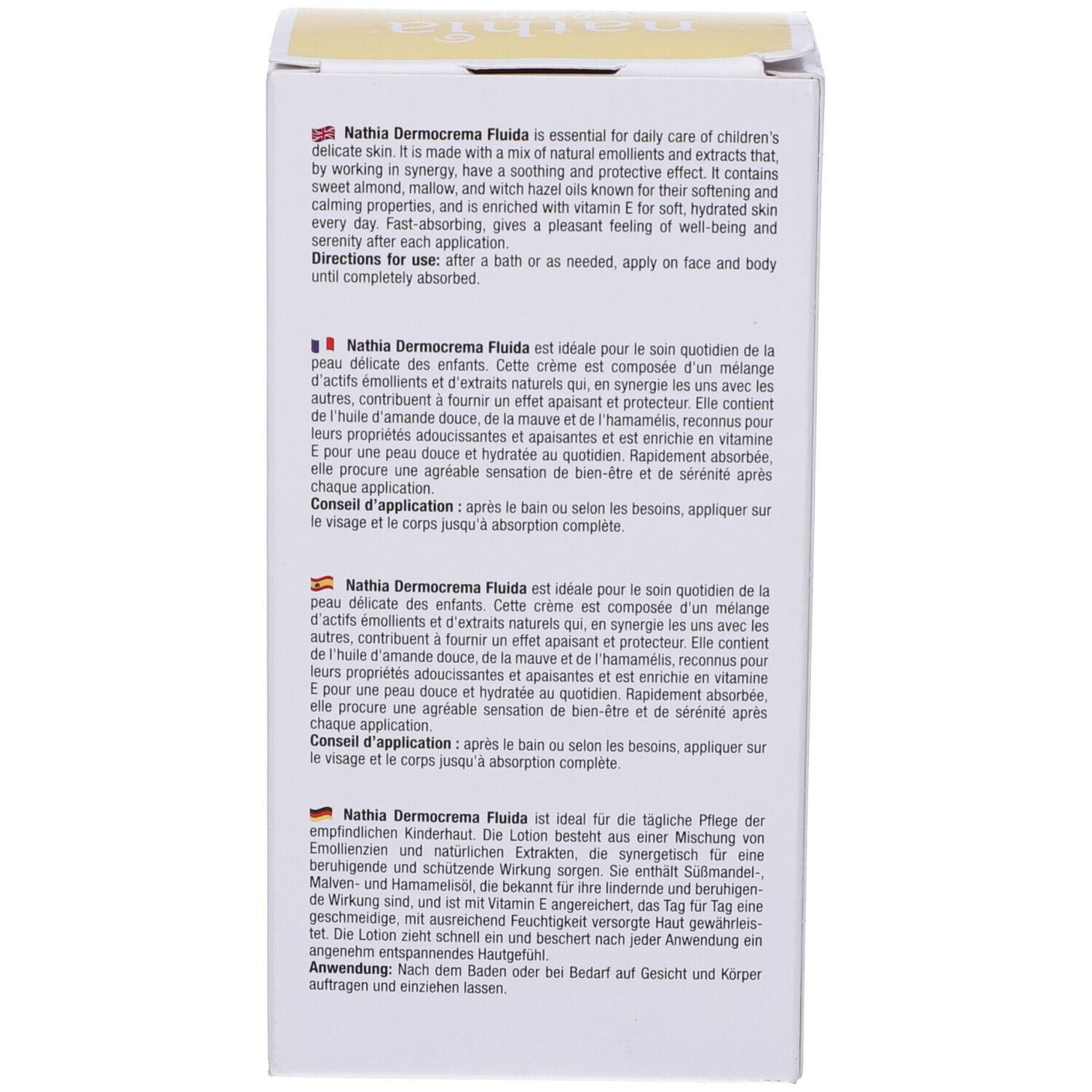 Seite der Produktverpackung. Text in Englisch, Französisch, Italienisch und Deutsch: Nathia Dermocrema Fluida, Anwendungshinweise.