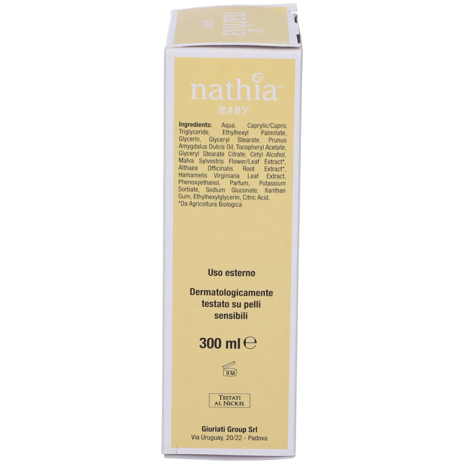 Seite der Produktverpackung. Text: Nathia Baby, Inhaltsstoffe, 300 ml, dermatologisch getestet. Hergestellt in Italien.