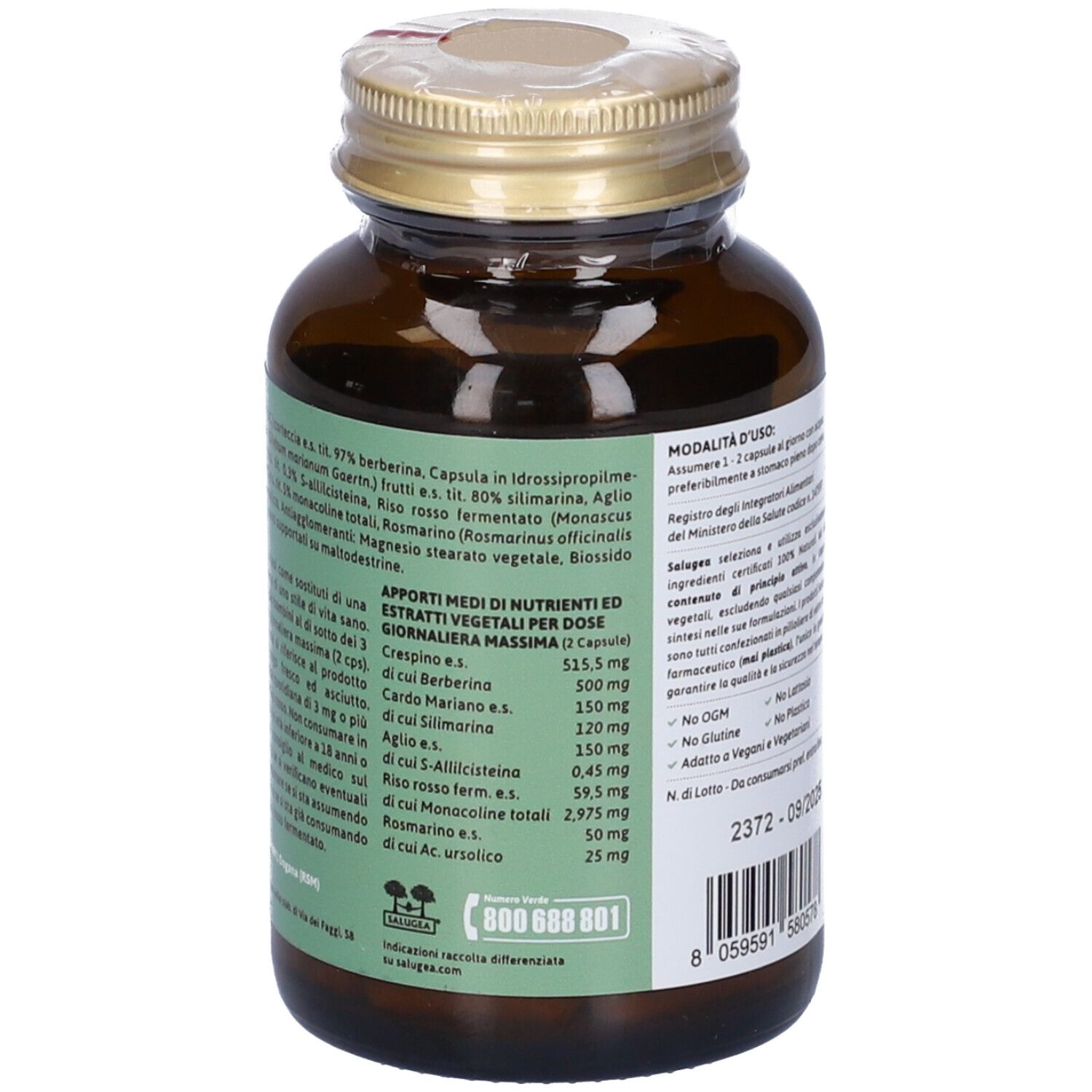 Retro del flacone con informazioni. Contiene: Ingredienti, informazioni nutrizionali, dosaggio, avvertenze.