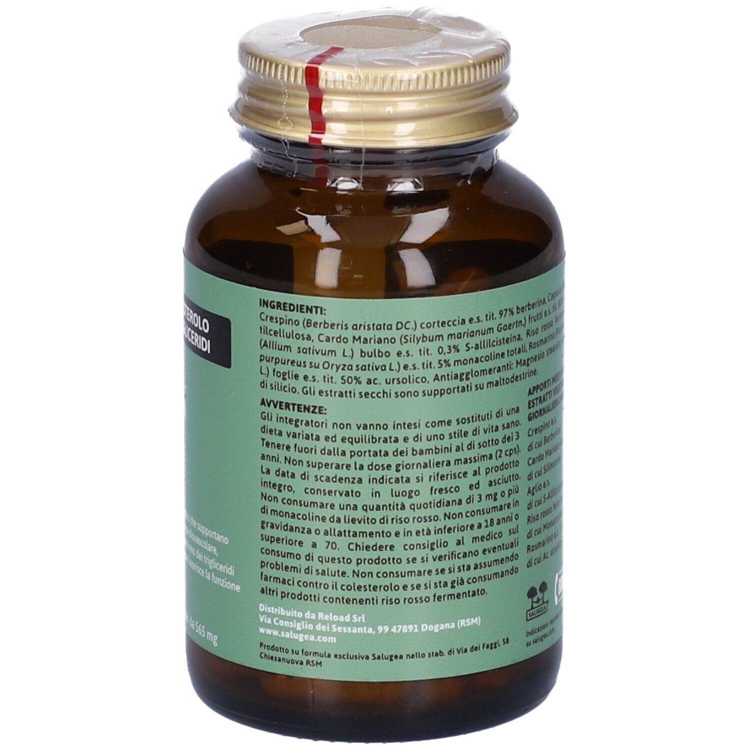Retro del flacone con informazioni. Contiene: Ingredienti, avvertenze, contatti.