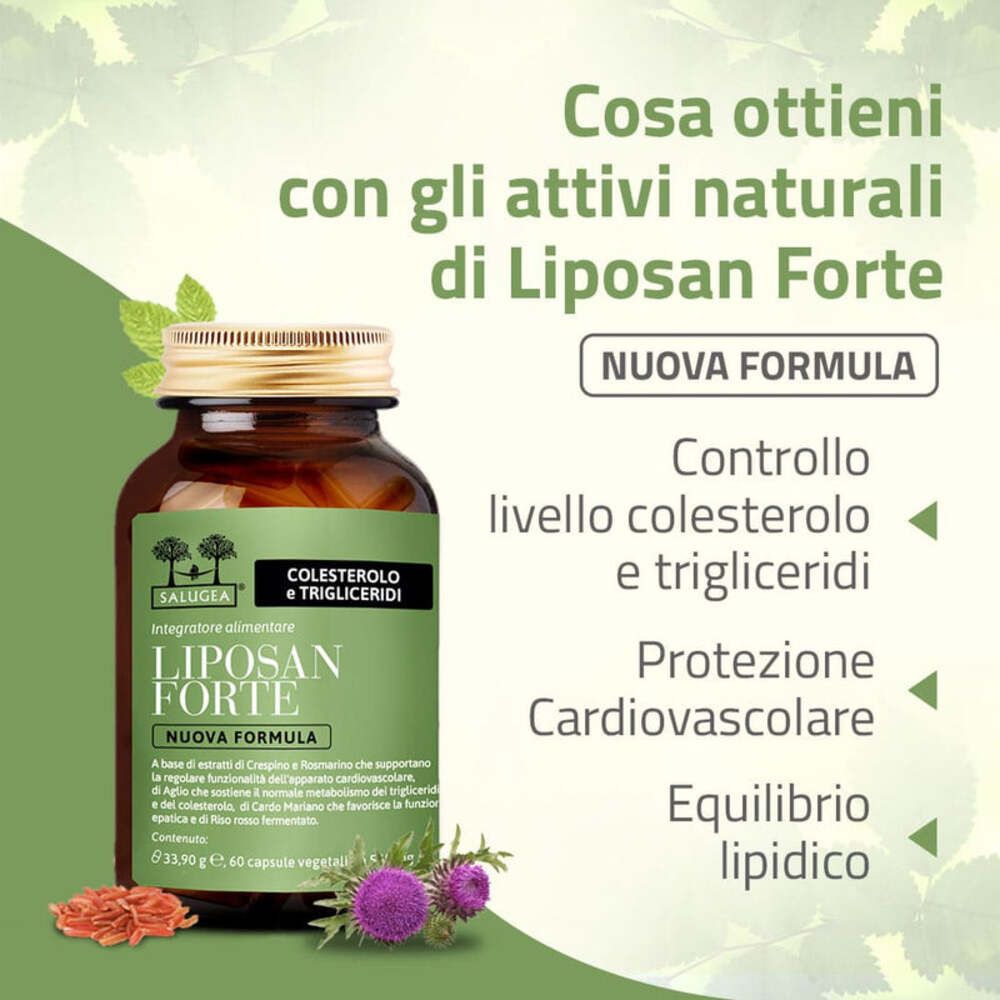 Immagine promozionale con flacone e testo. Vantaggi: controllo colesterolo, protezione cardiovascolare, equilibrio lipidico.