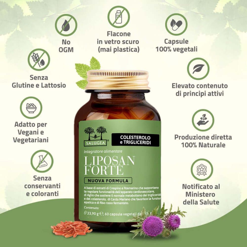 Prodotto con icone verdi. Caratteristiche: Senza OGM, senza glutine e lattosio, vegano, senza conservanti, vetro scuro.