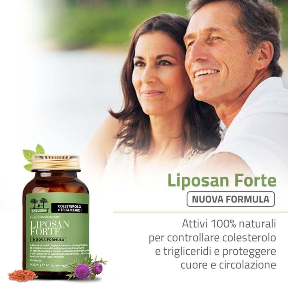 Coppia con prodotto. Testo: Ingredienti 100% naturali per controllare colesterolo e trigliceridi, per cuore e circolazione.