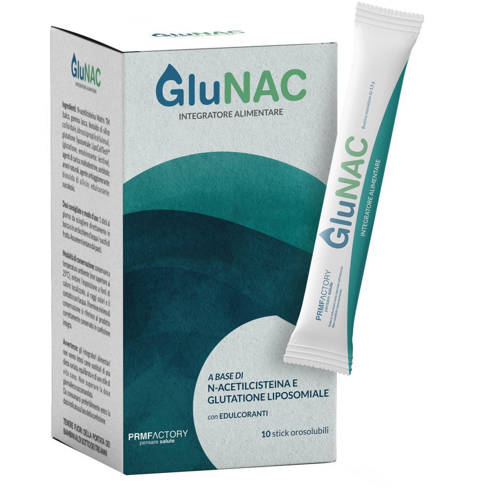 Scatola e bustina GluNAC. Sulla scatola 'Integratore Alimentare' e '10 stick orosolubili'.