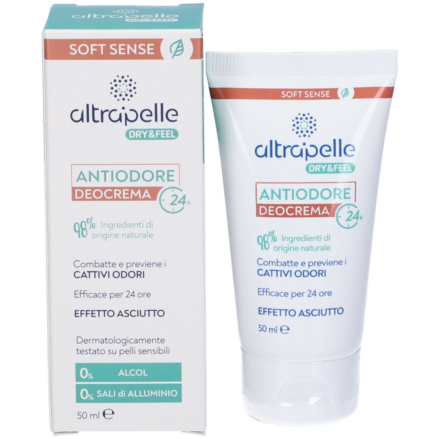 Ultrapelle Antitranspirant-Deo-Creme, 50 ml. "Soft Sense" und "Dry & Feel" Aufschrift. 98% natürliche Inhaltsstoffe.