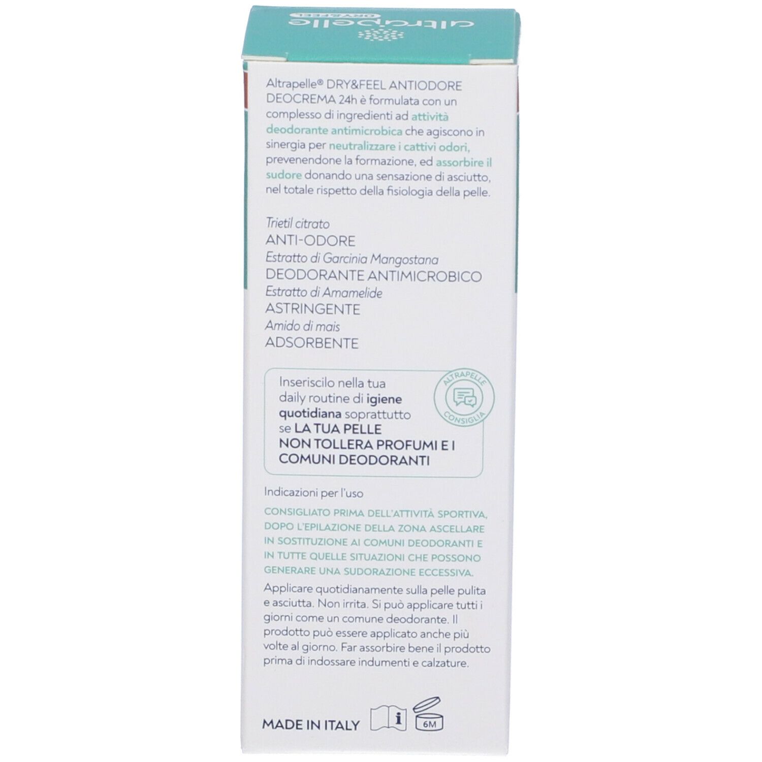 Verpackung eines Antitranspirants mit Inhaltsstoffen wie Mangostan-Extrakt und Hamamelis-Extrakt.