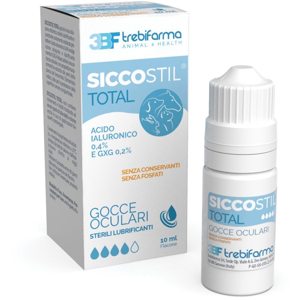 Flacone e confezione di gocce oculari. Scritta: Siccostil Total, Gocce Oculari. Contiene acido ialuronico.
