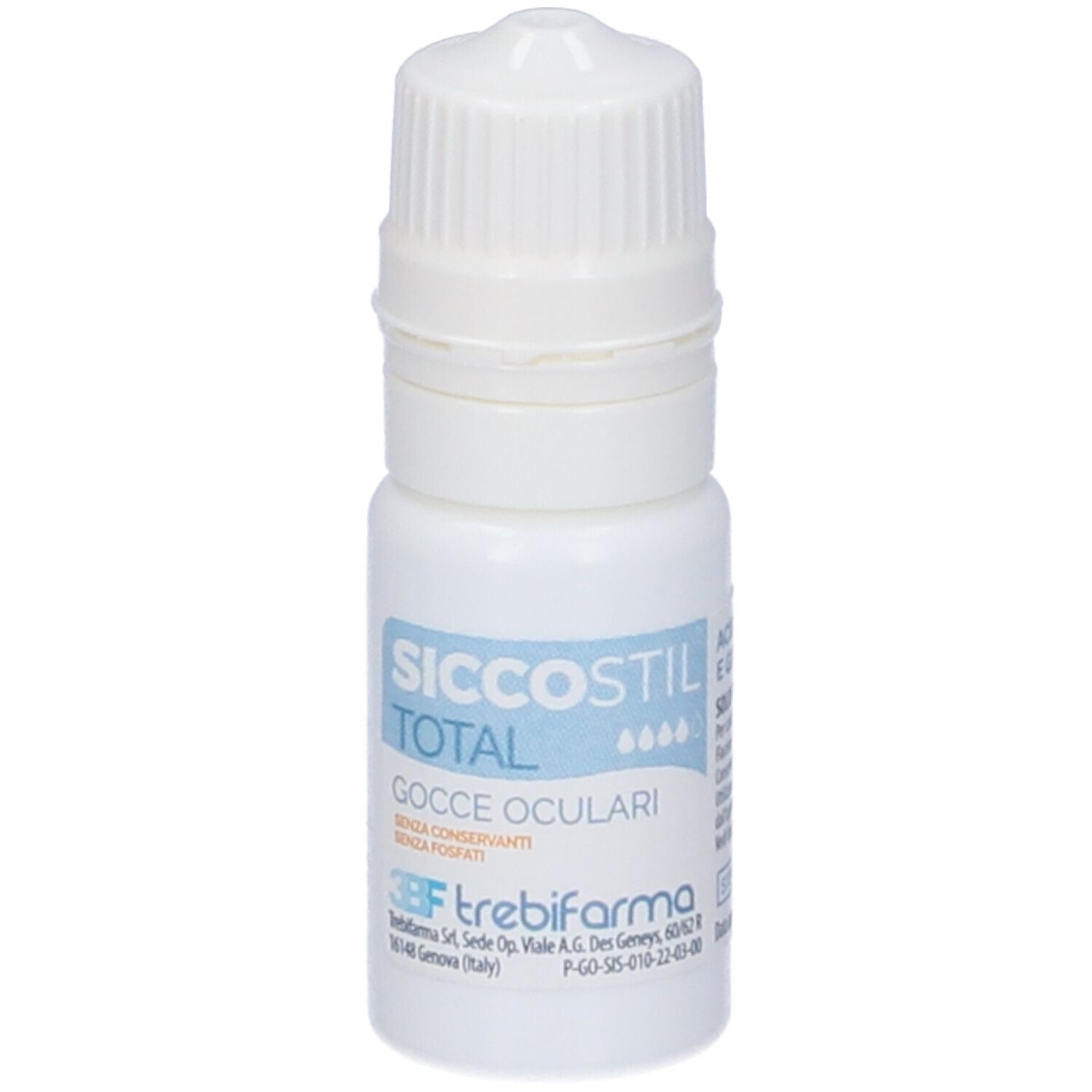 Flacone bianco di gocce oculari. Scritta: Siccostil Total, Gocce Oculari. Senza conservanti.