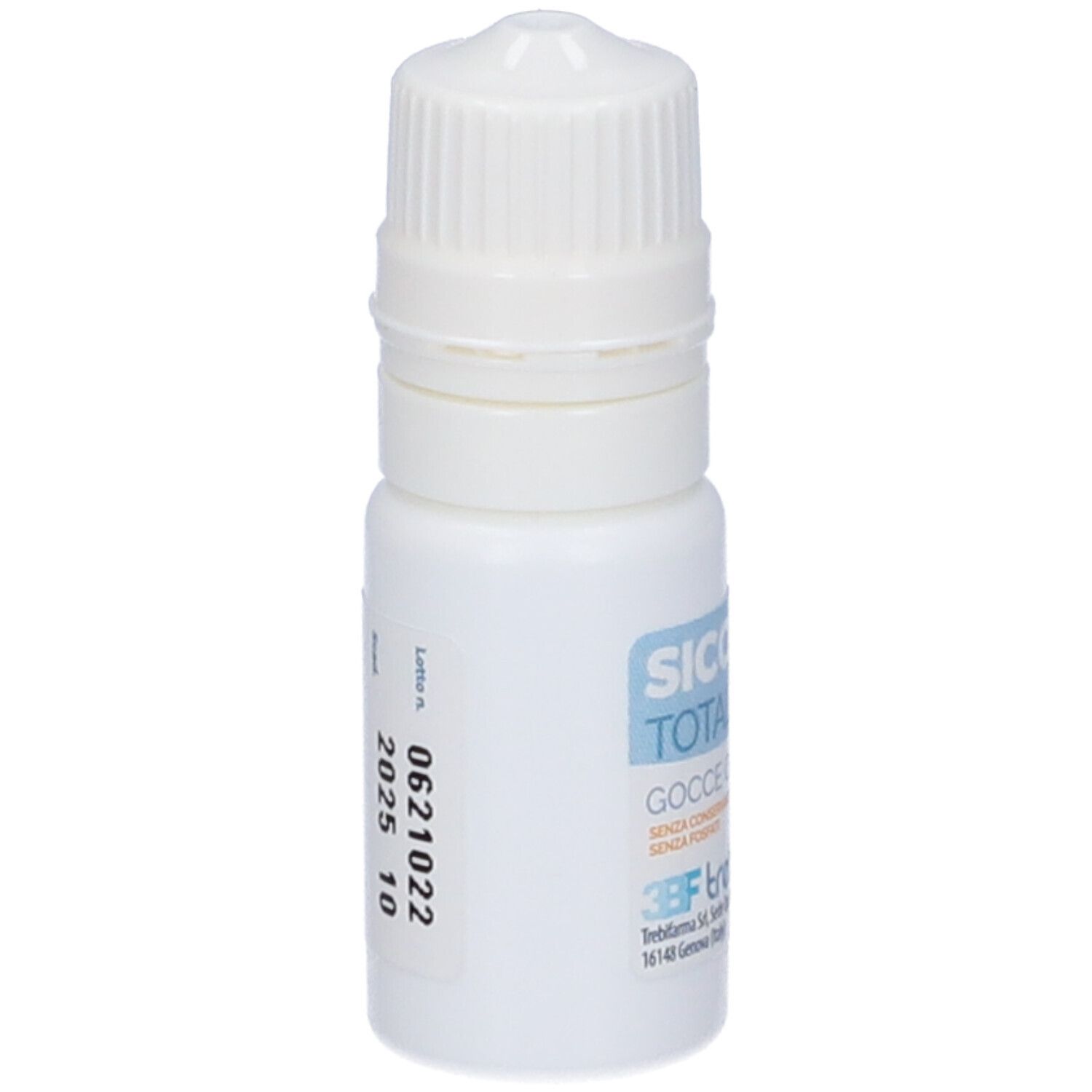 Flacone bianco di gocce oculari. Scritta: Siccostil Total, Gocce Oculari. Scadenza 10/2025.
