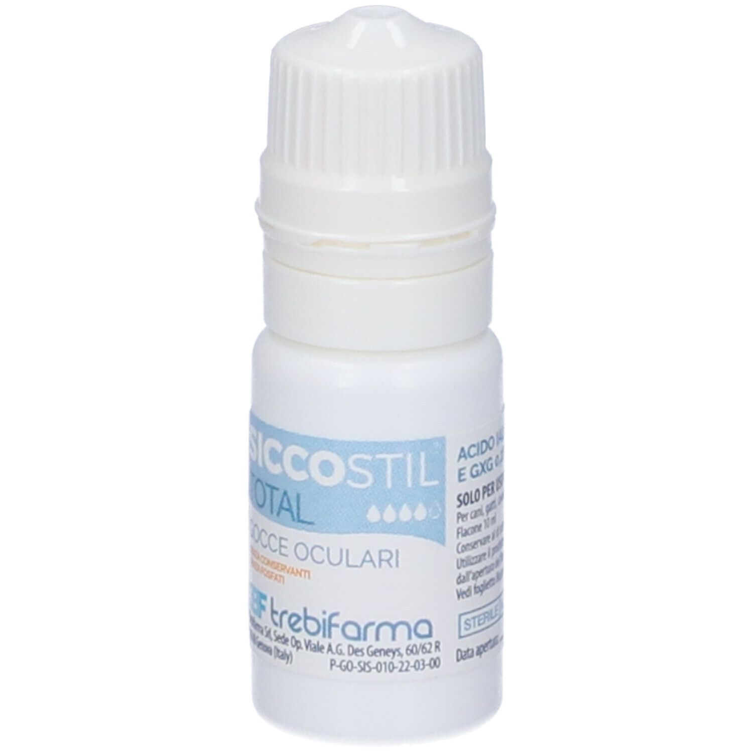 Flacone bianco di gocce oculari. Scritta: Siccostil Total, Gocce Oculari. Contiene acido ialuronico e GxG.