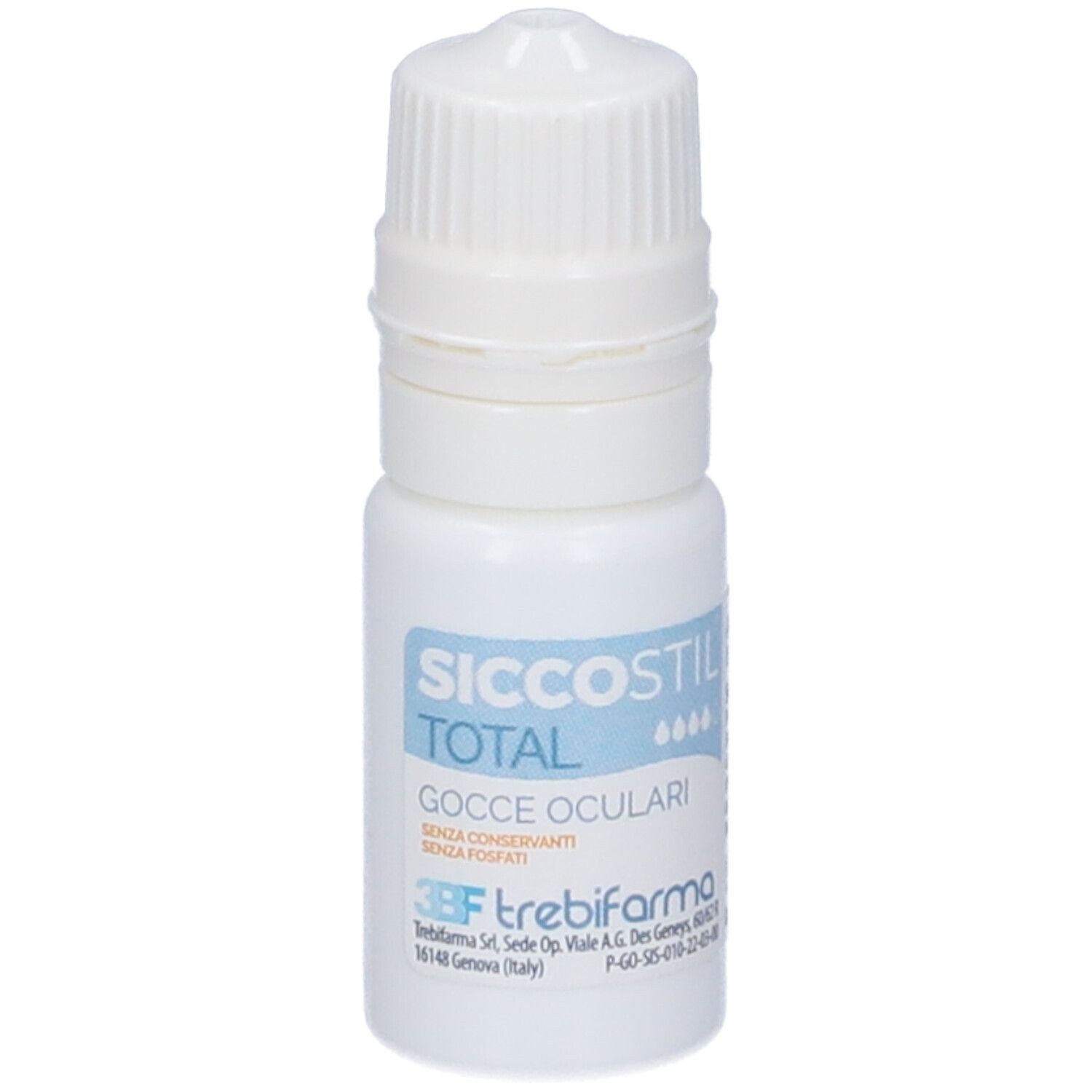 Flacone bianco di gocce oculari. Scritta: Siccostil Total, Gocce Oculari. Senza conservanti.