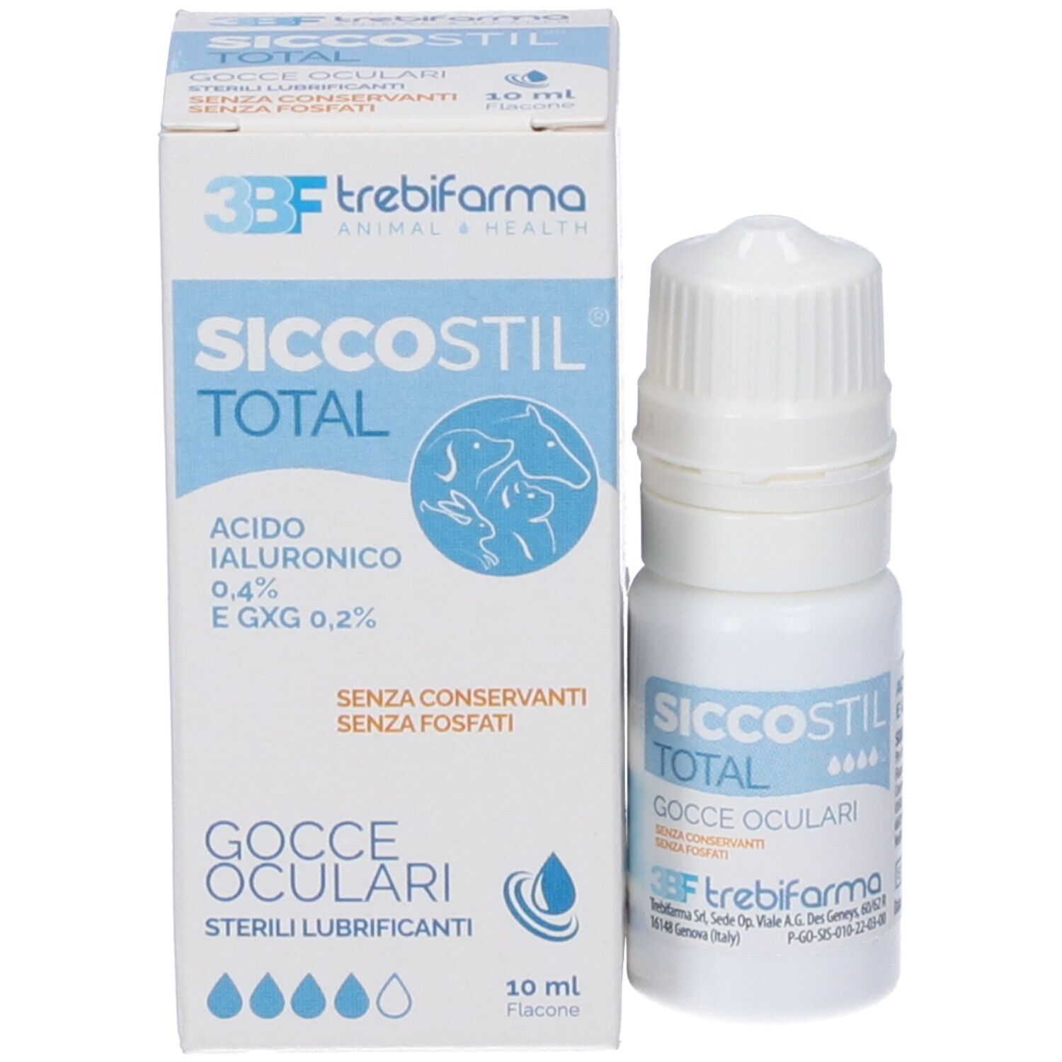 Flacone e confezione di gocce oculari. Scritta: Siccostil Total, Gocce Oculari. Contiene acido ialuronico.