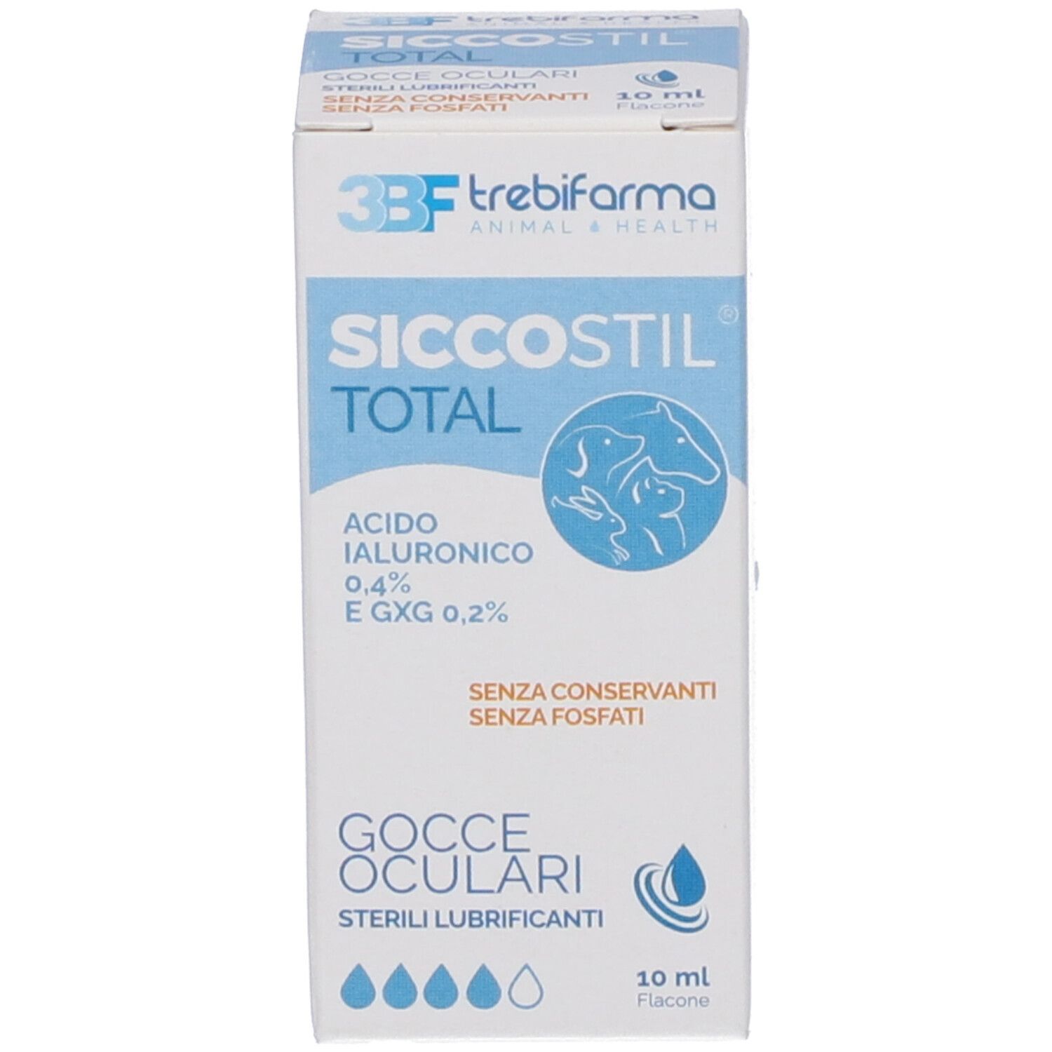 Confezione di gocce oculari. Scritta: Siccostil Total, Gocce Oculari. Contiene acido ialuronico.