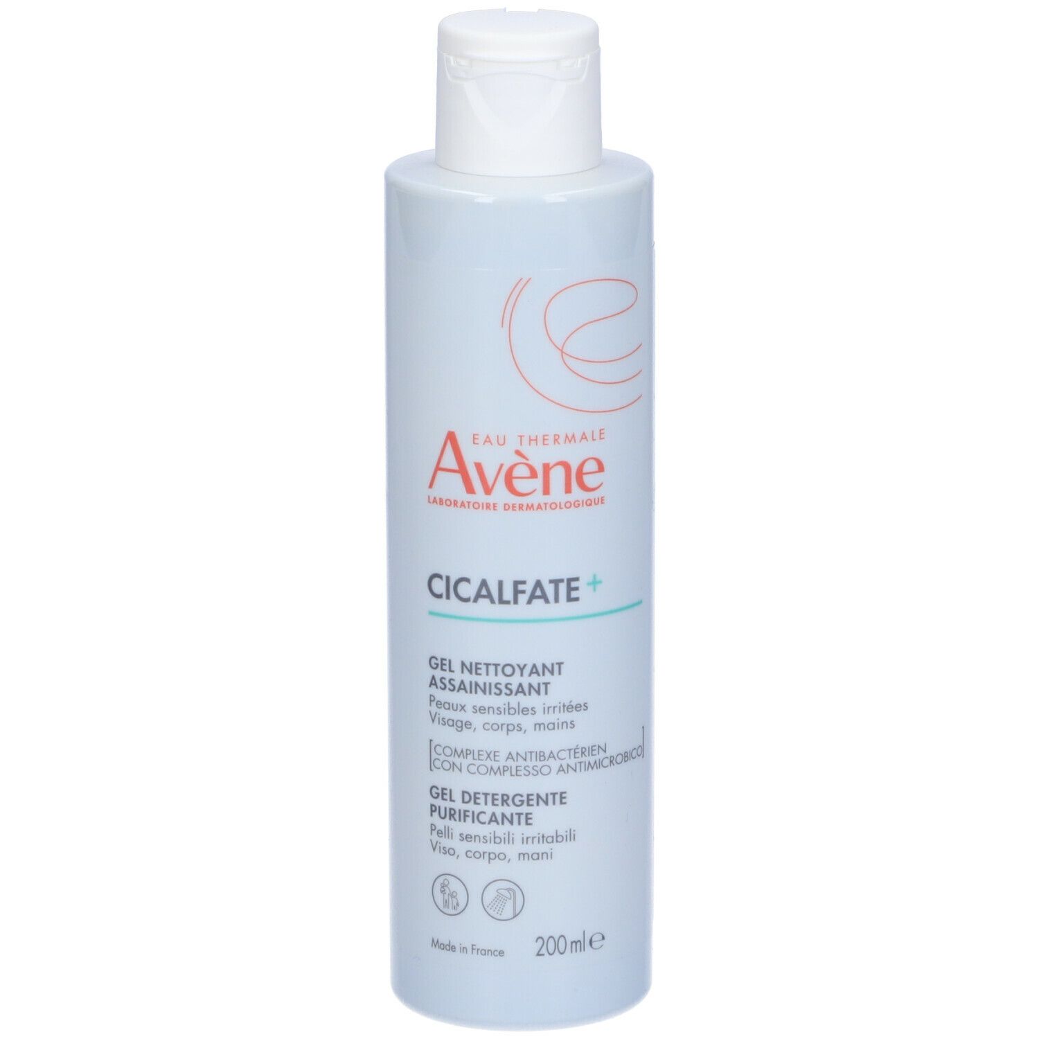 Flacone bianco con tappo a ribalta. Scritta: Avene, Cicalfate+. Gel nettoyant assainissant. 200ml.