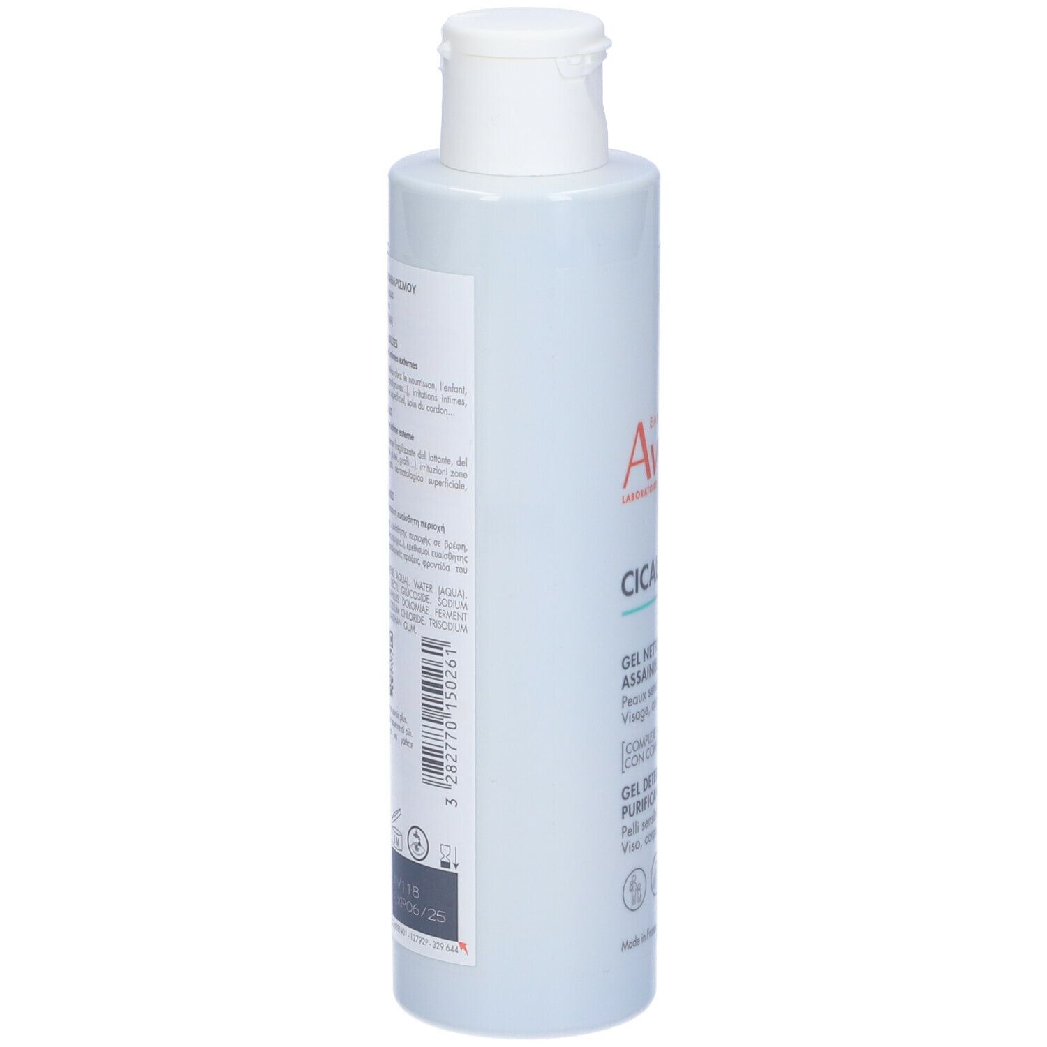 Retro del flacone. Scritta: Avene, Cicalfate+. Testo in più lingue. Codice a barre.