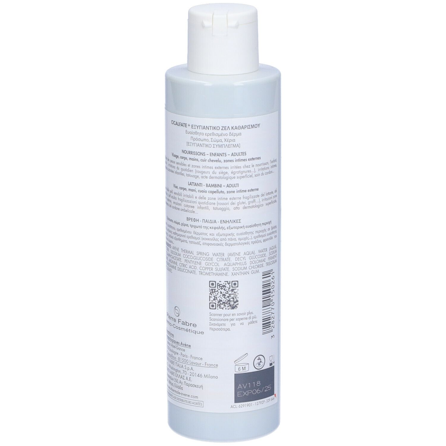 Retro del flacone. Scritta: Avene, Cicalfate+. Testo in più lingue. Codice a barre.
