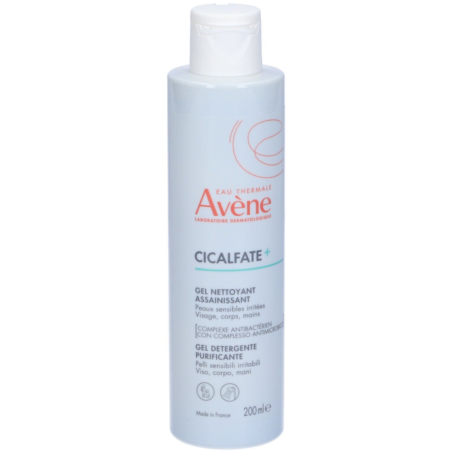 Flacone bianco con tappo a ribalta. Scritta: Avene, Cicalfate+. Gel nettoyant assainissant. 200ml.